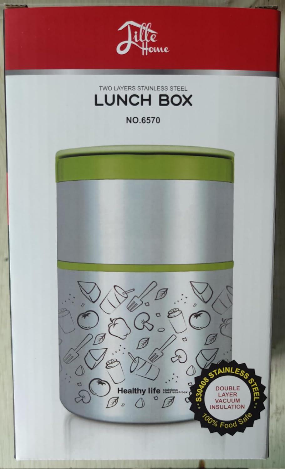 Lille Home Vacuum Insulated Stackable Stainless Steel Thermal Lunch/Snack box, 2-Tier Bento/Food Container with Lunch bag, Smart Diet, Weight Control, 32 Ounces, Blue