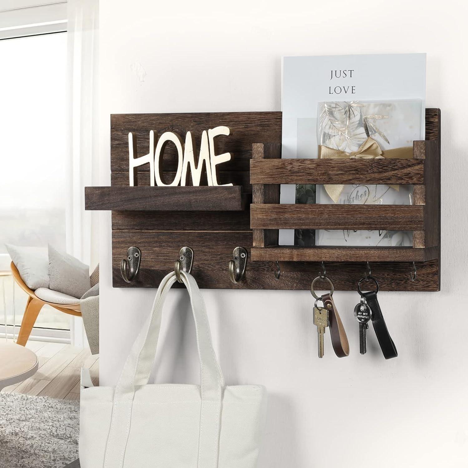 1pc Rustic Wooden Wall Mounted Key Rack With Shelf And Hooks - Mail Organizer And Key Holder For Entryway, Kitchen, Farmhouse Decor, Living Room, Wall Key Hooks
