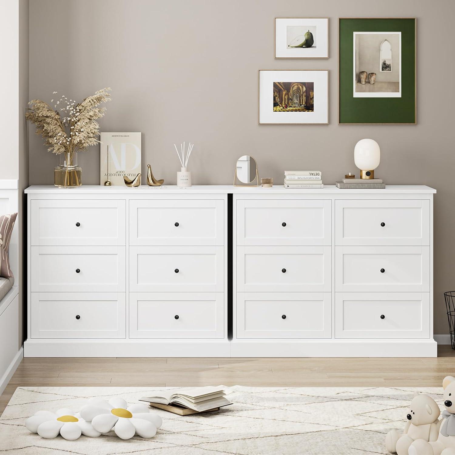 Homfa 6 Drawer Double Dresser White, Wood Storage Cabinet for Living Room, Chest of Drawers for Bedroom