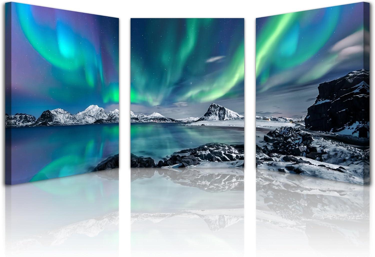 Farmhouse Canvas Wall Art For Bedroom Wall Decorations For Living Room Office Wall Decor Aurora Scenery Painting On Stretched And Framed Wall Pictures 3 Piece Ready To Hang For Bathroom Home Decor