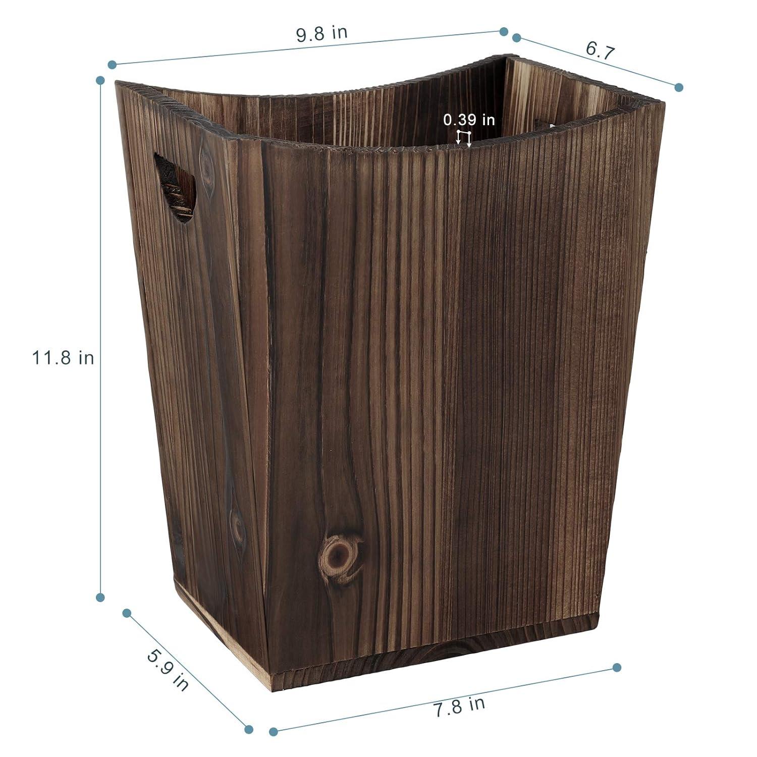Rustic Brown Fir Wood Rectangular Wastebasket with Handles
