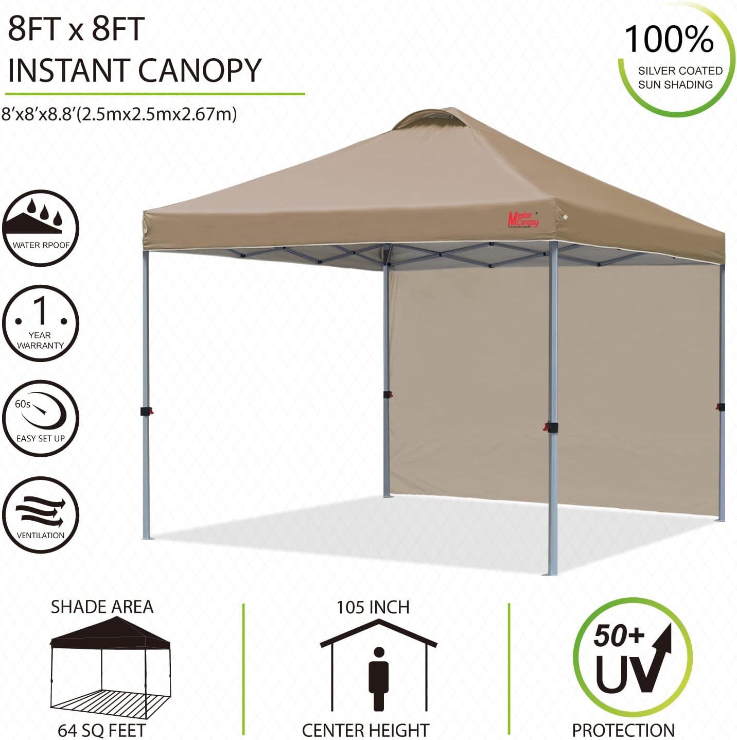 MASTERCANOPY 8' x 8' Easy Pop-up Canopy Tent Outdoor Shade Shelter with 1 Sidewall, Khaki