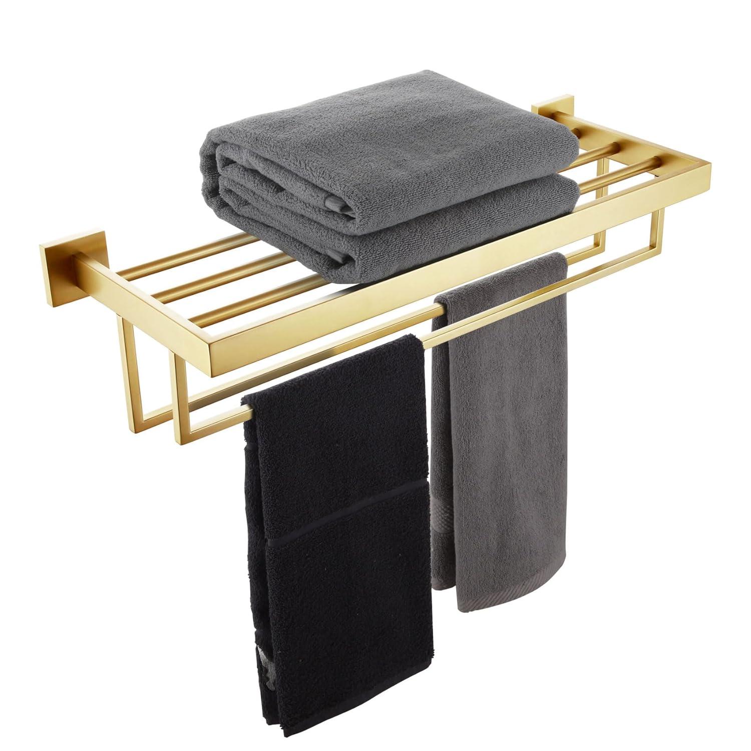 KOKOSIRI Towel Shelf Holder 24'' Bathroom Towel Rack with Two Bath Towel Bars Rails SUS304 Stainless Steel Wall Mount, Brushed Gold, B6003BG