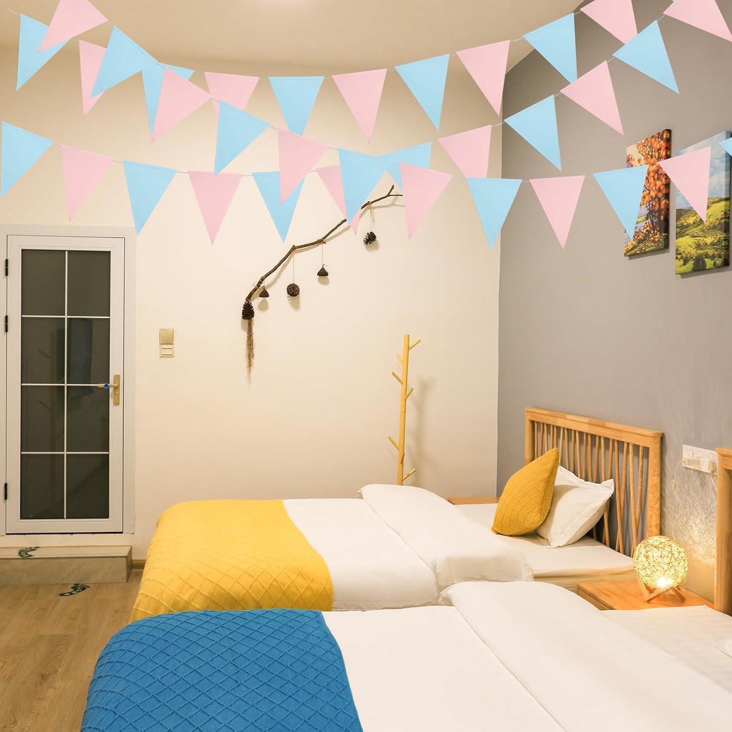 Mefuny 30 Feet Gender Reveal Pennant Banner 48PCS Light Blue and Pink Paper Triangle Flags Hanging Decor for Baby Shower Boy or Girl Gender Reveal Party Backdrop Birthday Party Nursery Decorations