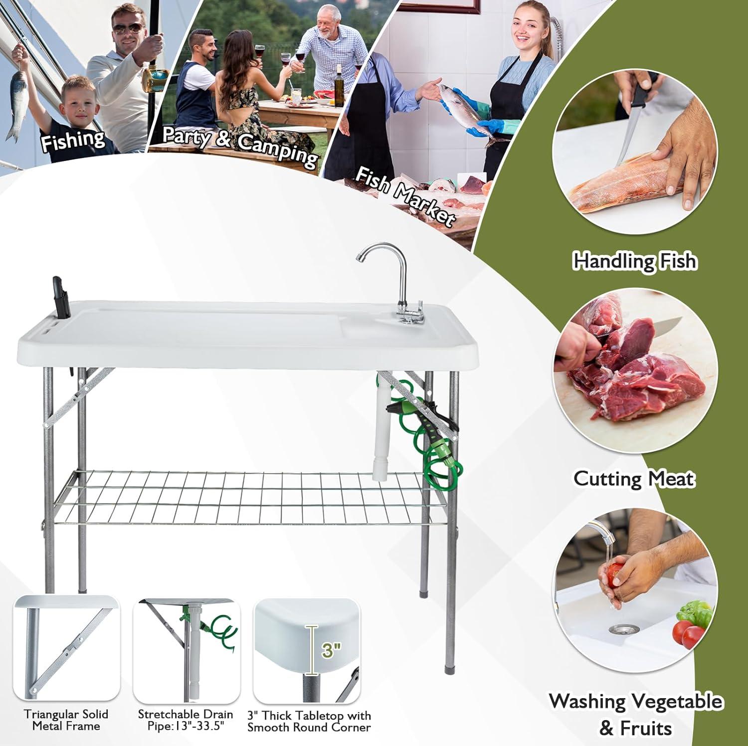 Folding Fish Cleaning Table Portable Camping Sink Table with Faucet Drainage Hose & Sprayer Outdoor Fish Fillet Cleaning Station with Grid Rack & Knife Groove for Picnic Fishing, Grey
