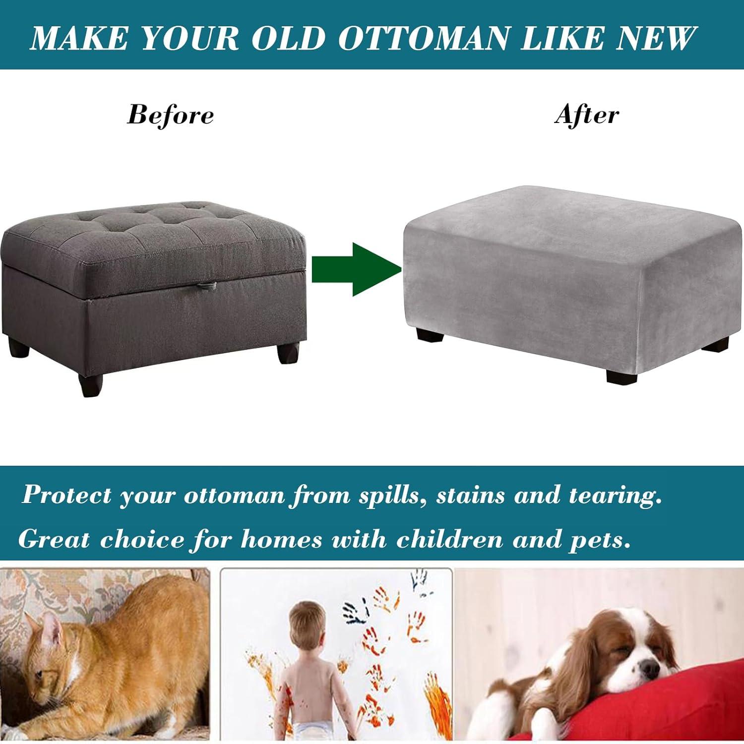 HFCNMY Ottoman Cover Rectangle,Stretch Velvet Slipcovers Rectangle Thick Covers Slipcover for Ottomans Soft Foot Stool with Elastic Bottom Light Gray Medium (ASMFDT20230725-13)