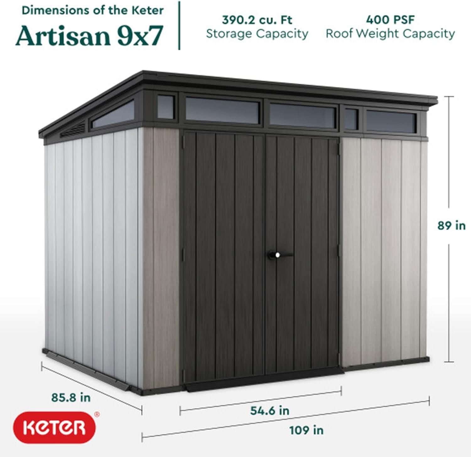 Keter Artisan 9x7 Foot Large Outdoor Shed & Floor w/Modern Design, Grey