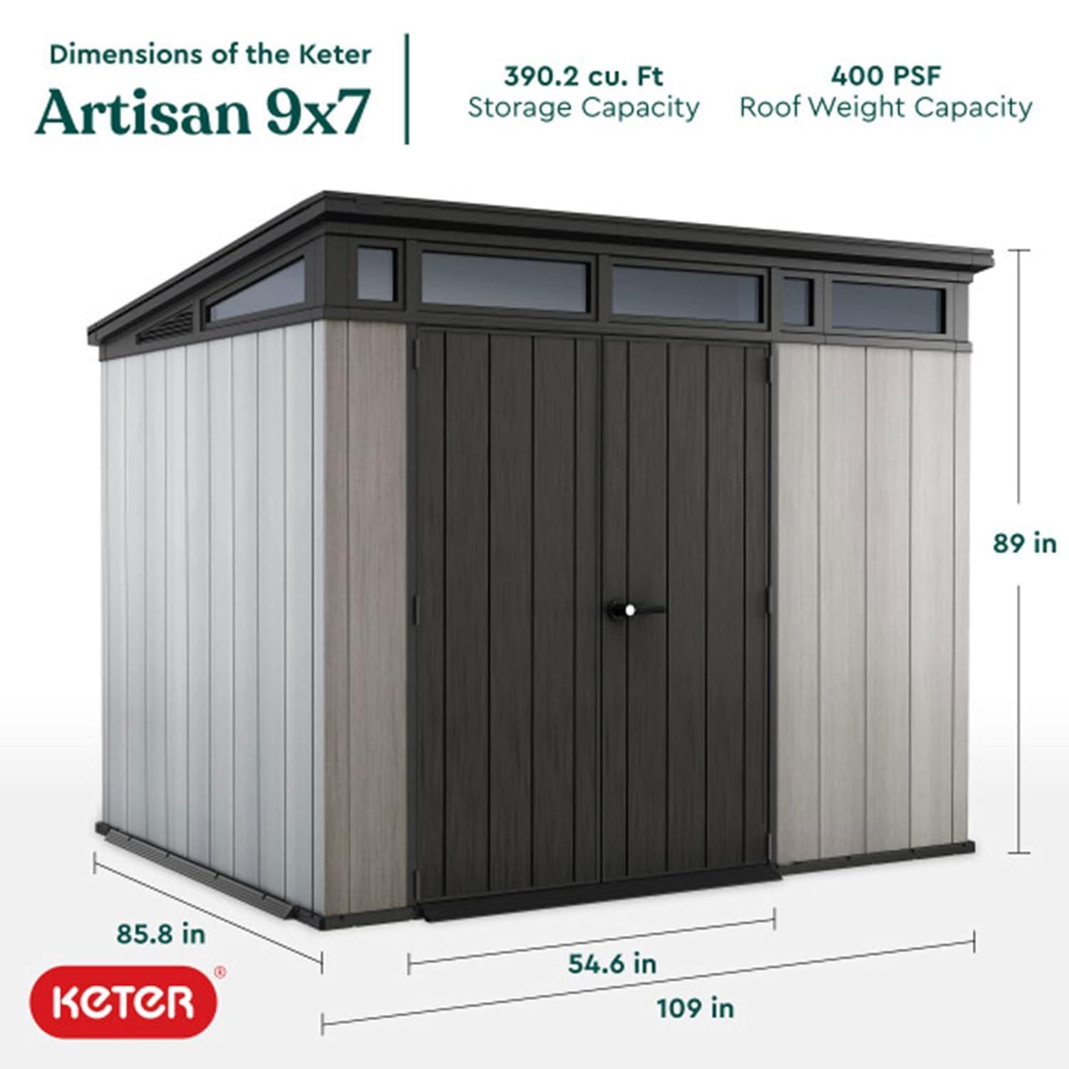 Keter Keter Artisan 9x7 ft. Modern Durable Resin Outdoor Storage Shed With Floor and Double Doors for Garden Patio Furniture and Tools, Grey