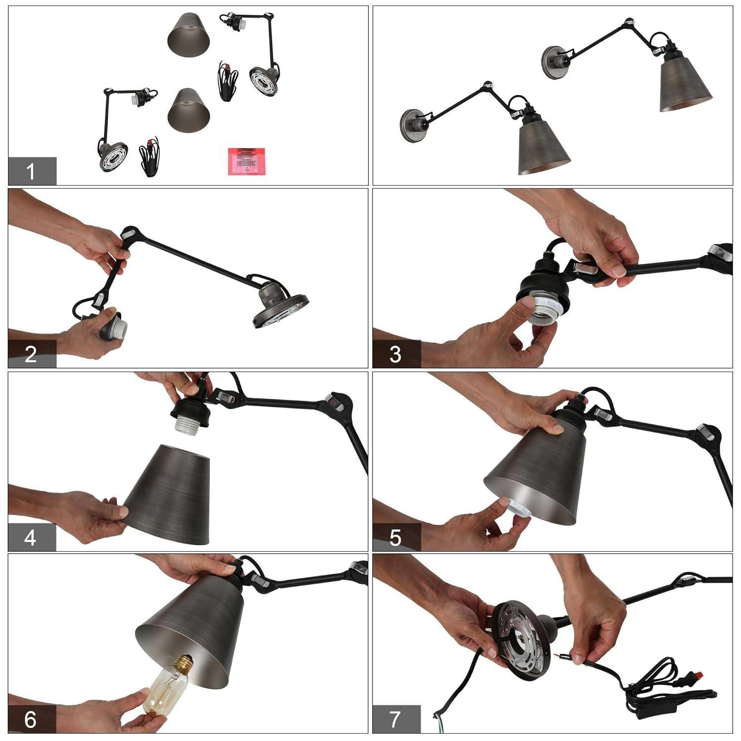 LALUZ Swing Arm Wall Sconce Set of 2, Modern Farmhouse Sconce Wall Lighting Vintage Adjustable Wall Mounted Lights with Black Silver Finish