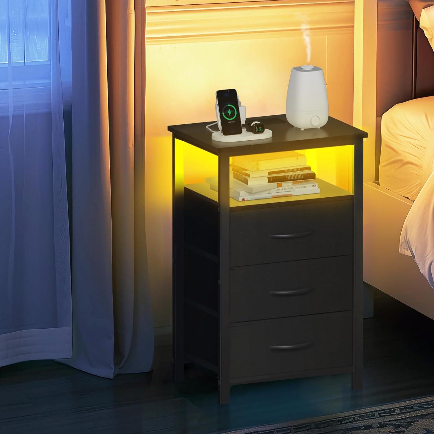 Black Metal Nightstand with LED Light and 3 Fabric Drawers