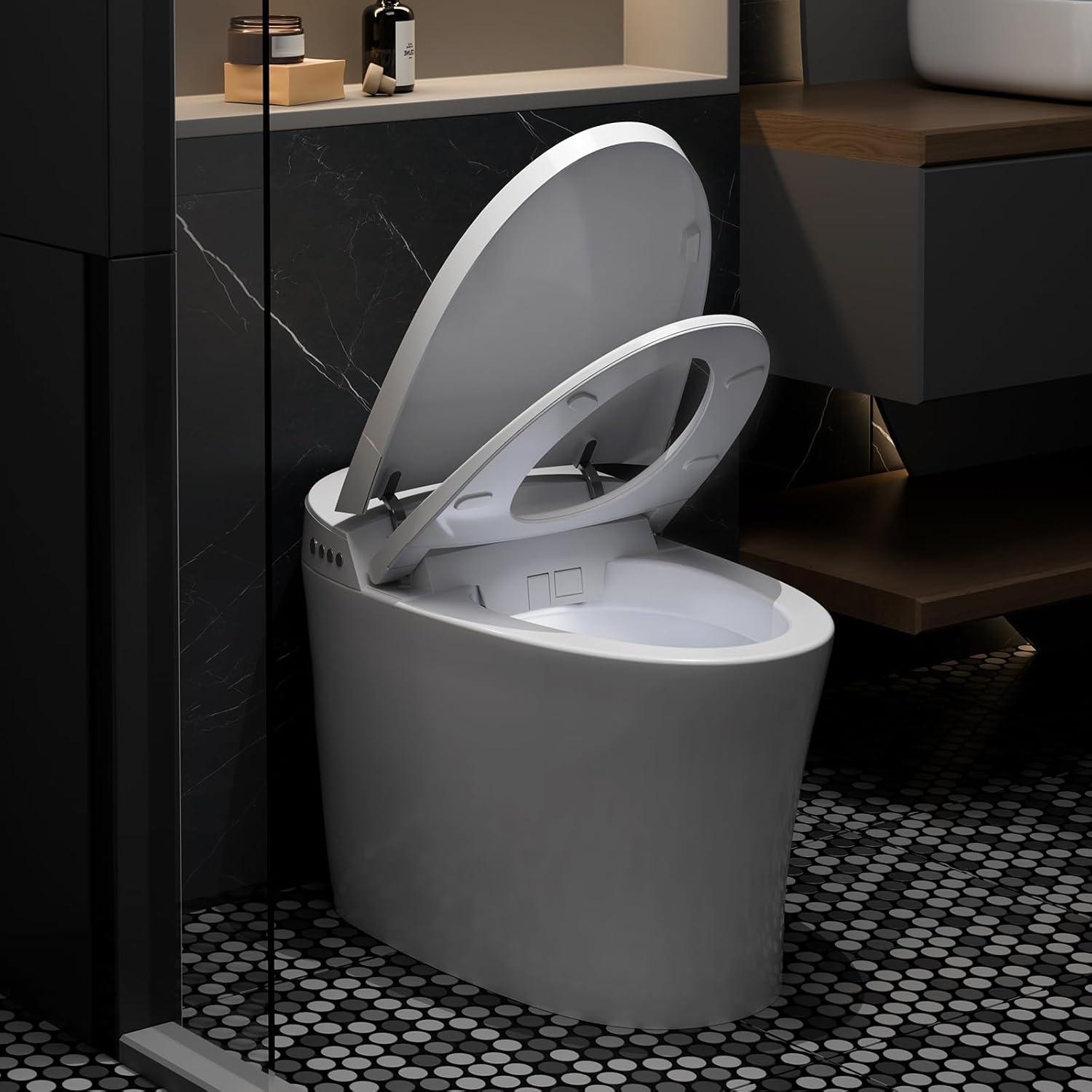 Smart Toilet with Warm Water Sprayer, Foot Sensor Operation, Heated Bidet Seat, Raised Tankless Toilet with LED Display