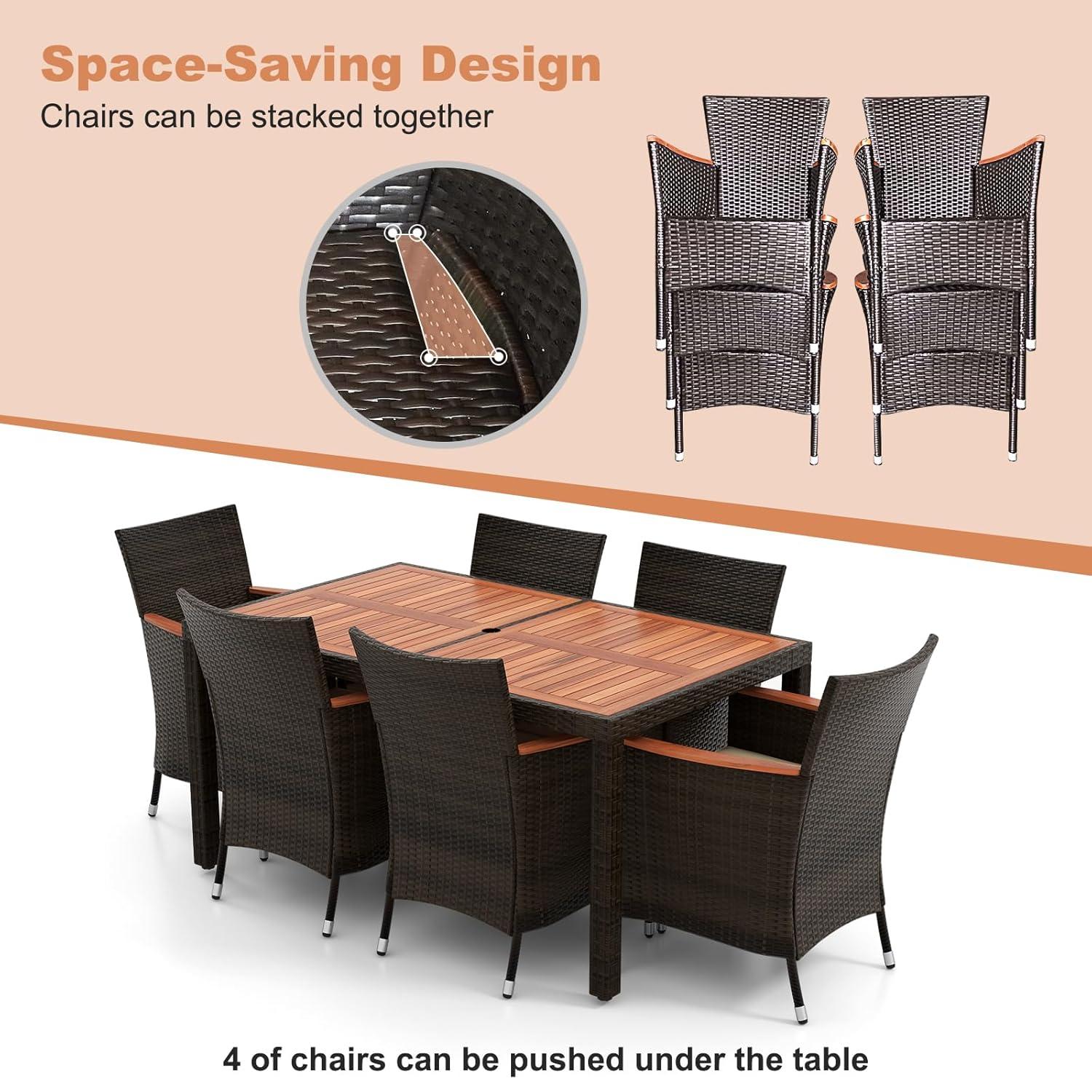 7 Piece Patio Dining Set, PE Rattan Outdoor Table And Chairs Dining Furniture Set With Stackable Armchairs & Cushions, Acacia Wood Table, For Backyard