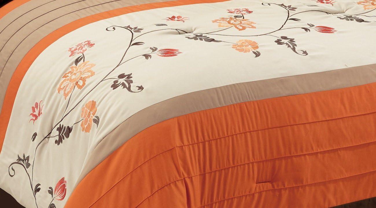 Serene 7-Piece Luxury Autumn Floral Embroidery Comforter Set, California King, Orange/Brown/Taupe