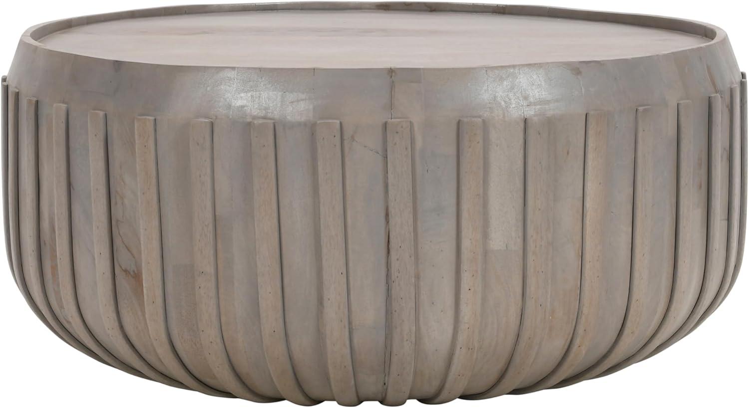 The Urban Port 36" Coffee Table Handcrafted Drum Shape with Ribbed Edges Gray Mango Wood Gray