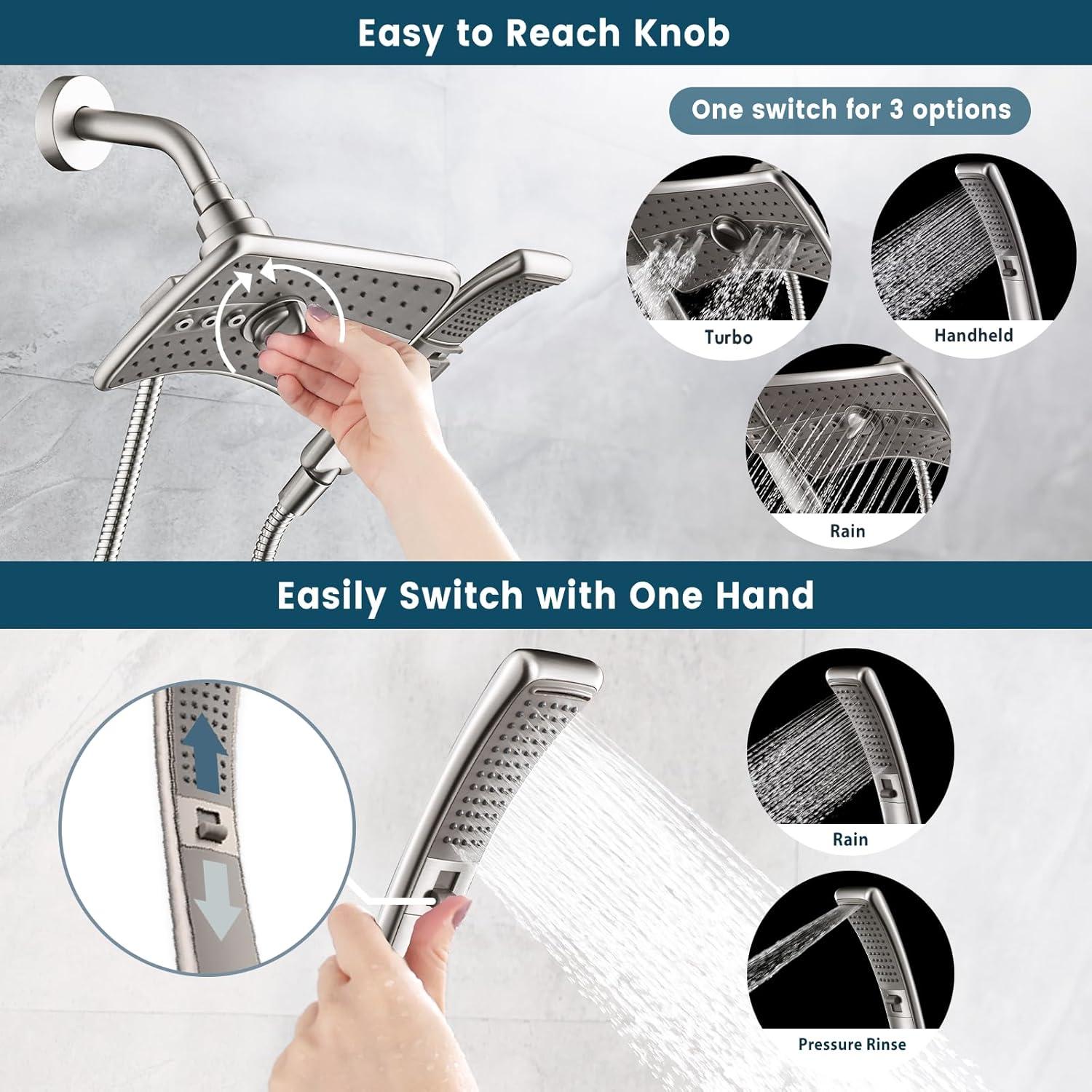 Bright Showers Brushed Nickel Shower Combo - Fixed and Handheld Heads with Grey Faceplates