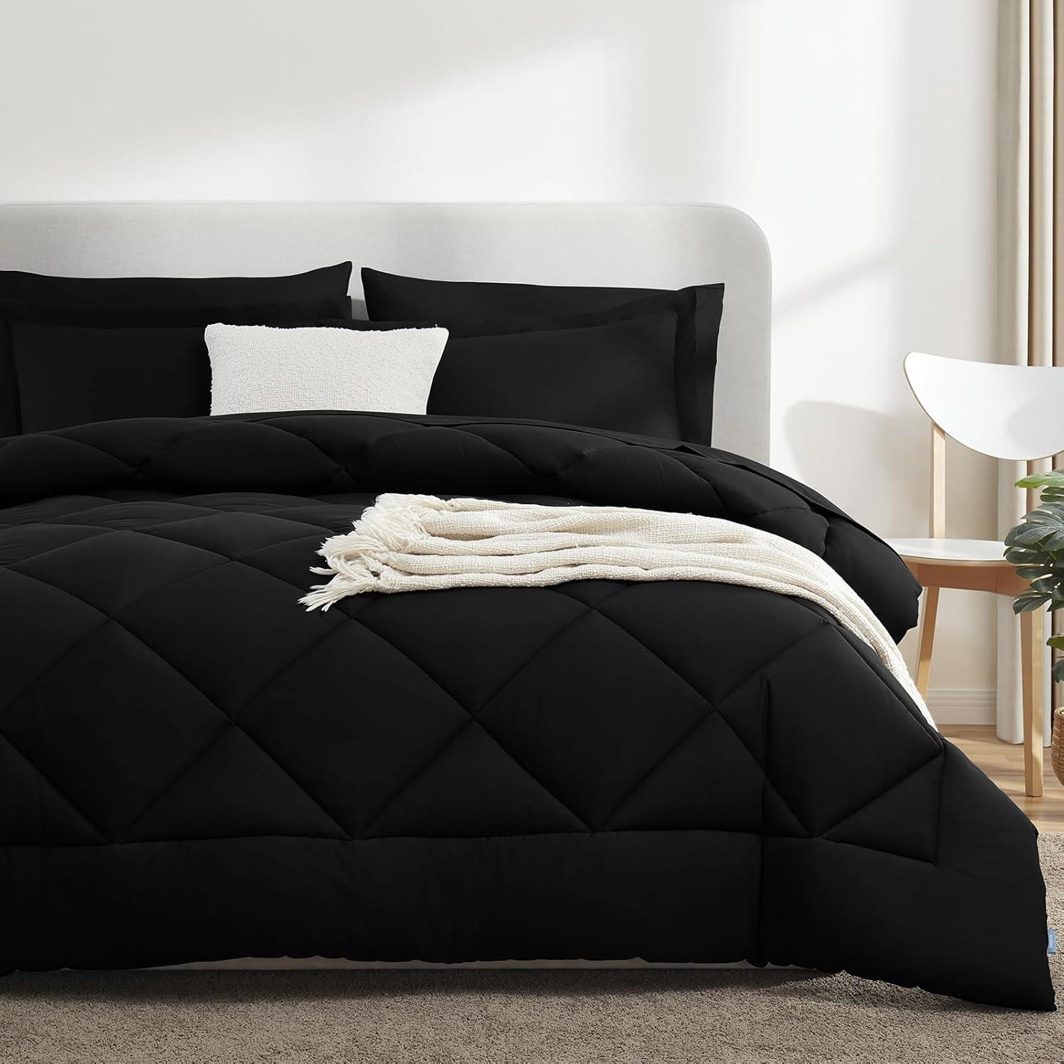 Litanika Black King Size Comforter Set with Sheets - 7 Pieces Bed in a Bag King Beddding Sets, Solid Lightweight Reversible Bed Set with Comforter, Sheets, Pillowcases & Shams