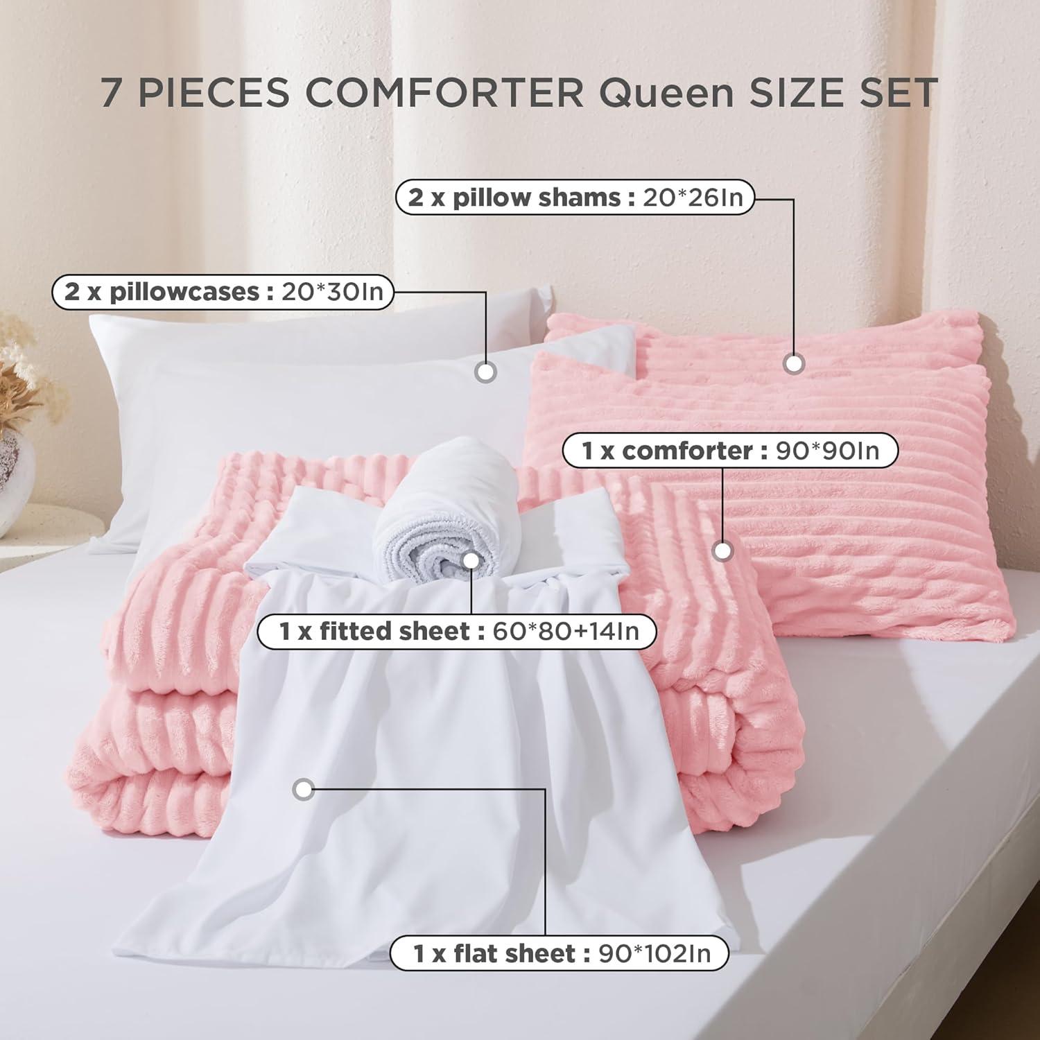 Andency Fluffy Queen Comforter Set, Super Soft White Comforters Queen Size, Winter Warm Fleece Faux Fur Bedding Set, Luxury Plush Fuzzy Bed Set 3 Pieces (1 Shaggy Comforter, 2 Pillowcases)