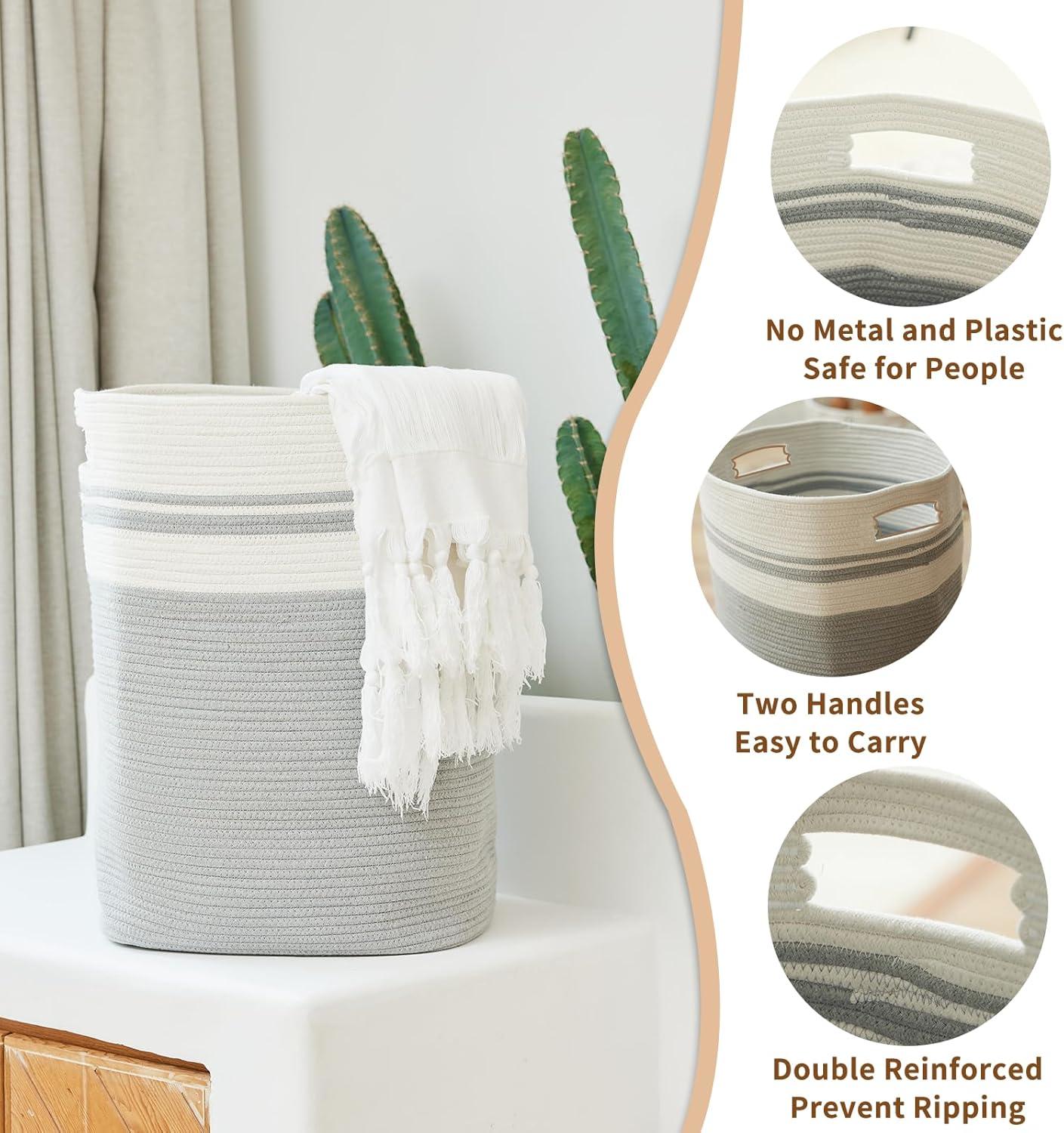 Casaphoria Woven Rope Laundry Hamper, Bin for Living Room, Storage Basket, Blanket Container, Dirty Clothes Hamper 16x13x22in - Light Gray