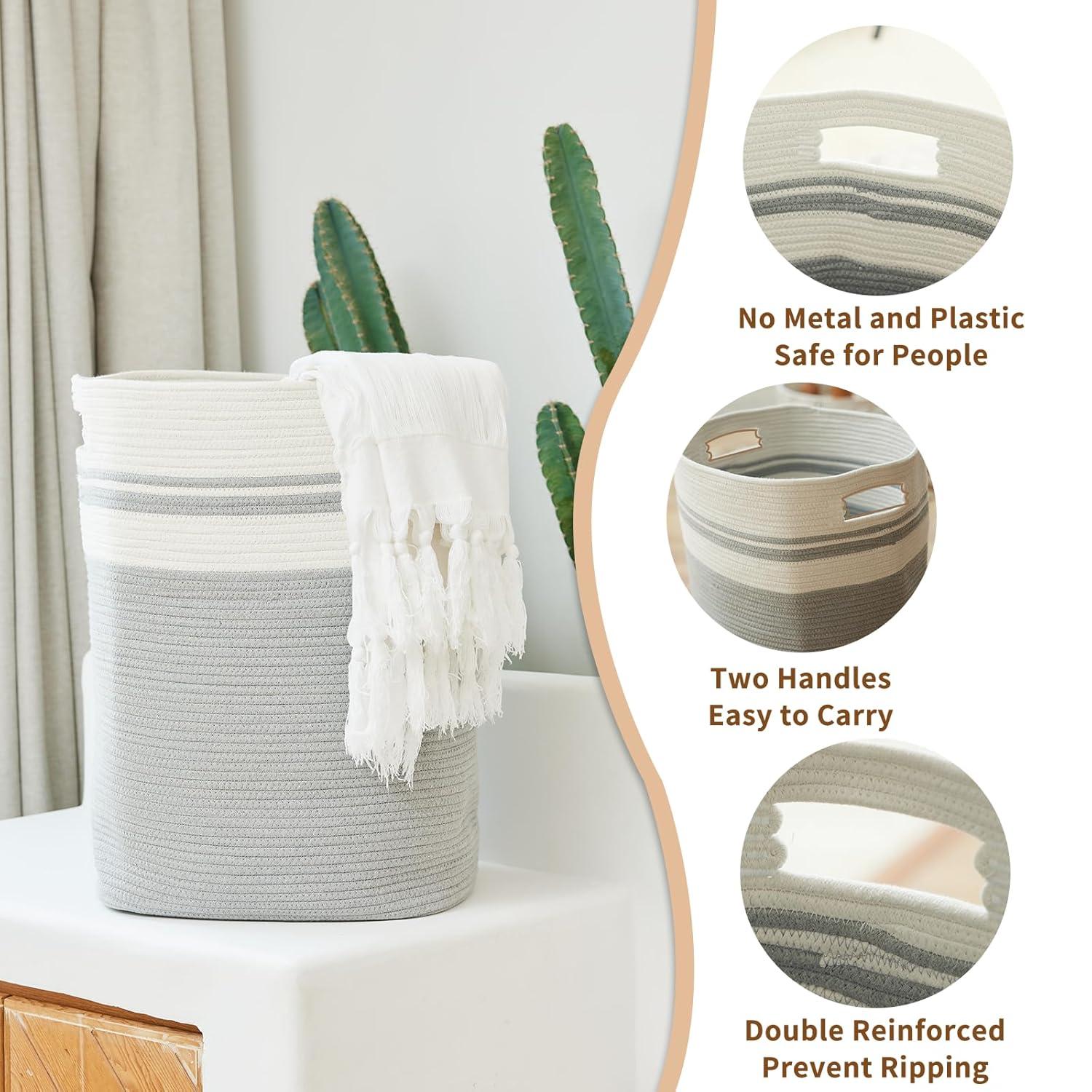 Casaphoria Woven Rope Laundry Hamper, Bin for Living Room, Storage Basket, Blanket Container, Dirty Clothes Hamper 16x13x22in - Light Gray