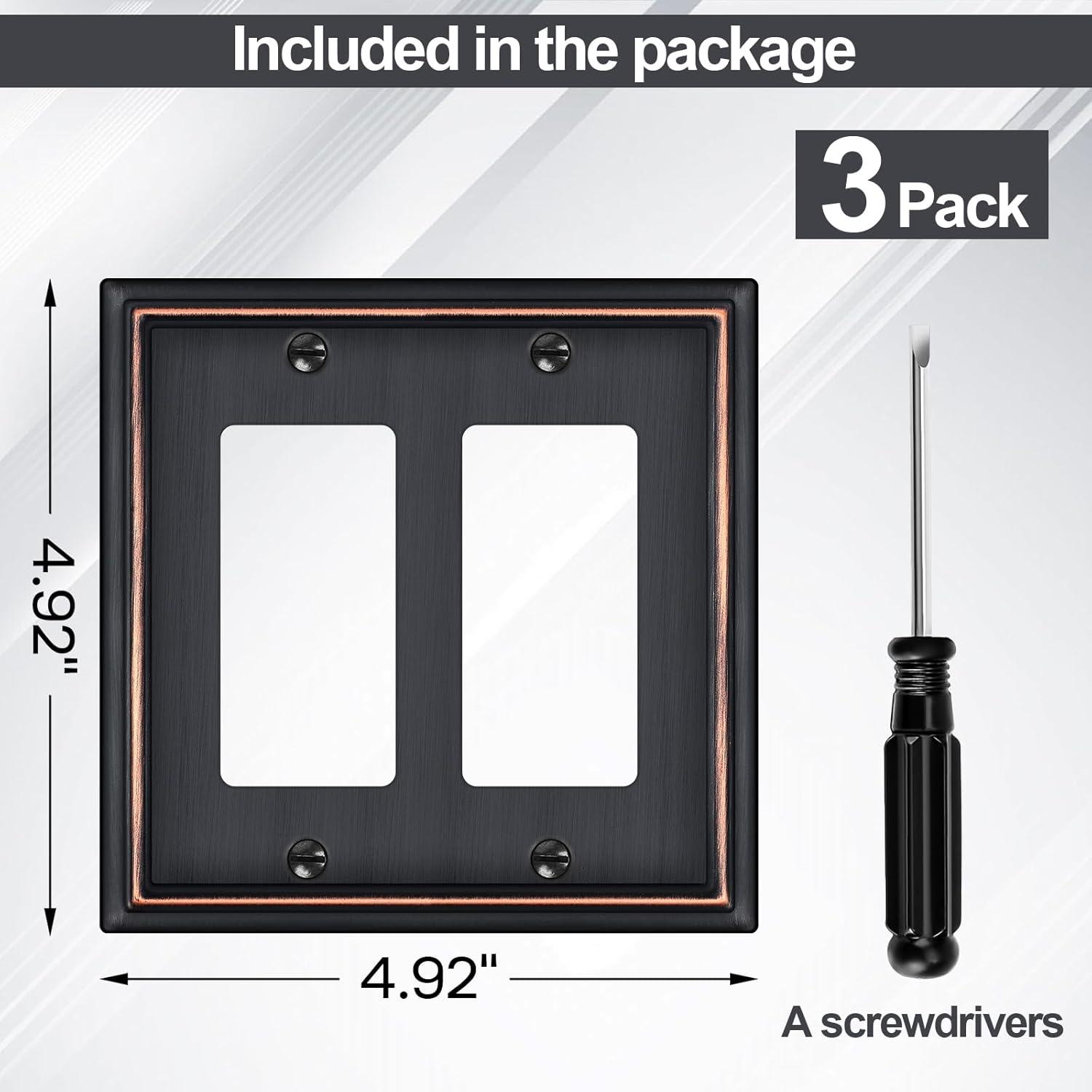 Double Decorator Switch Covers Wall Plate, Oil Rubbed Bronze Decorative Rocker Switch Plates Outlet Covers for Receptacle, GFCI Outlet, Dimmer - Classic Style, 3 Pack