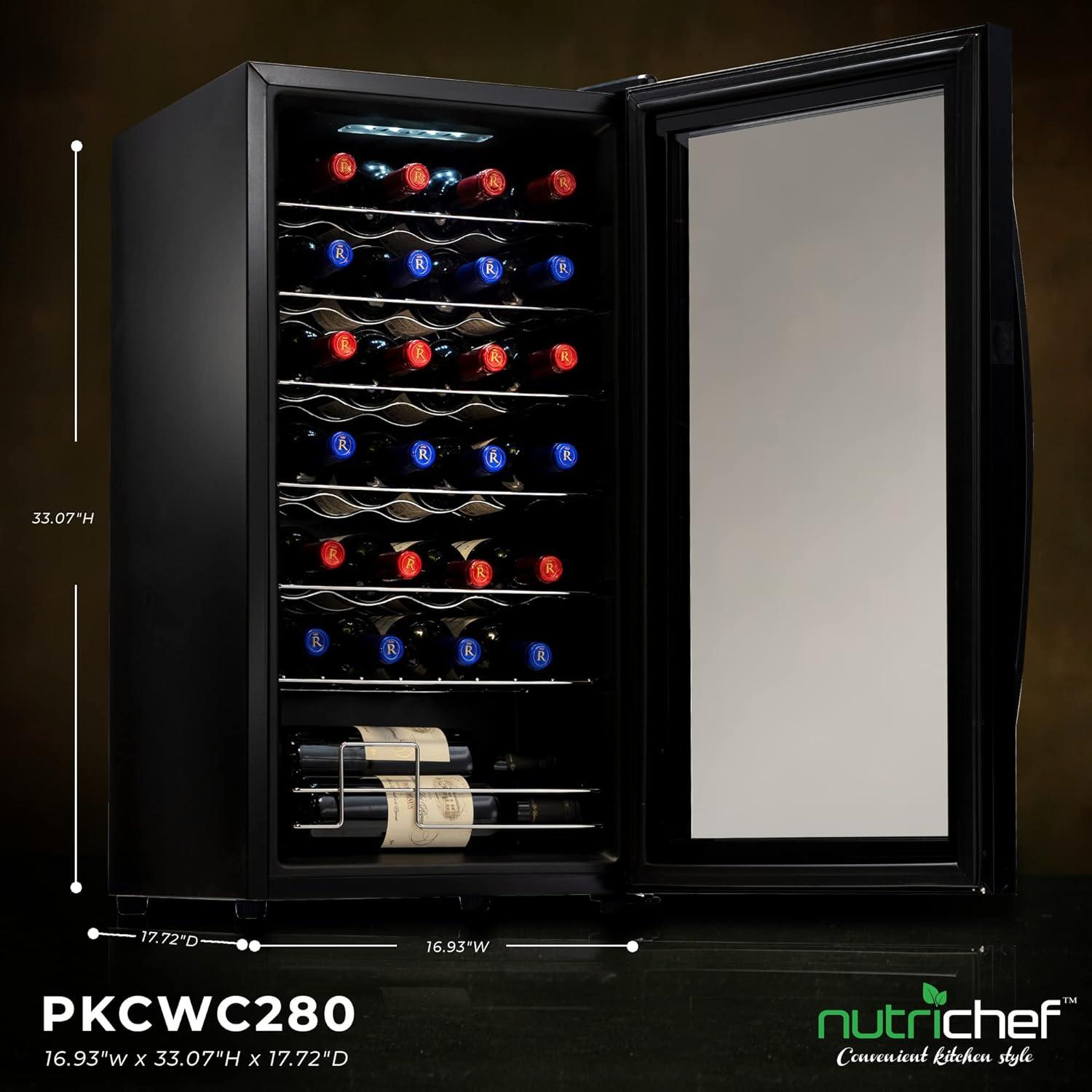 NutriChef 28 Bottle Large Compressor Wine Cooler Refrigerator Cooling System Black Glass Door