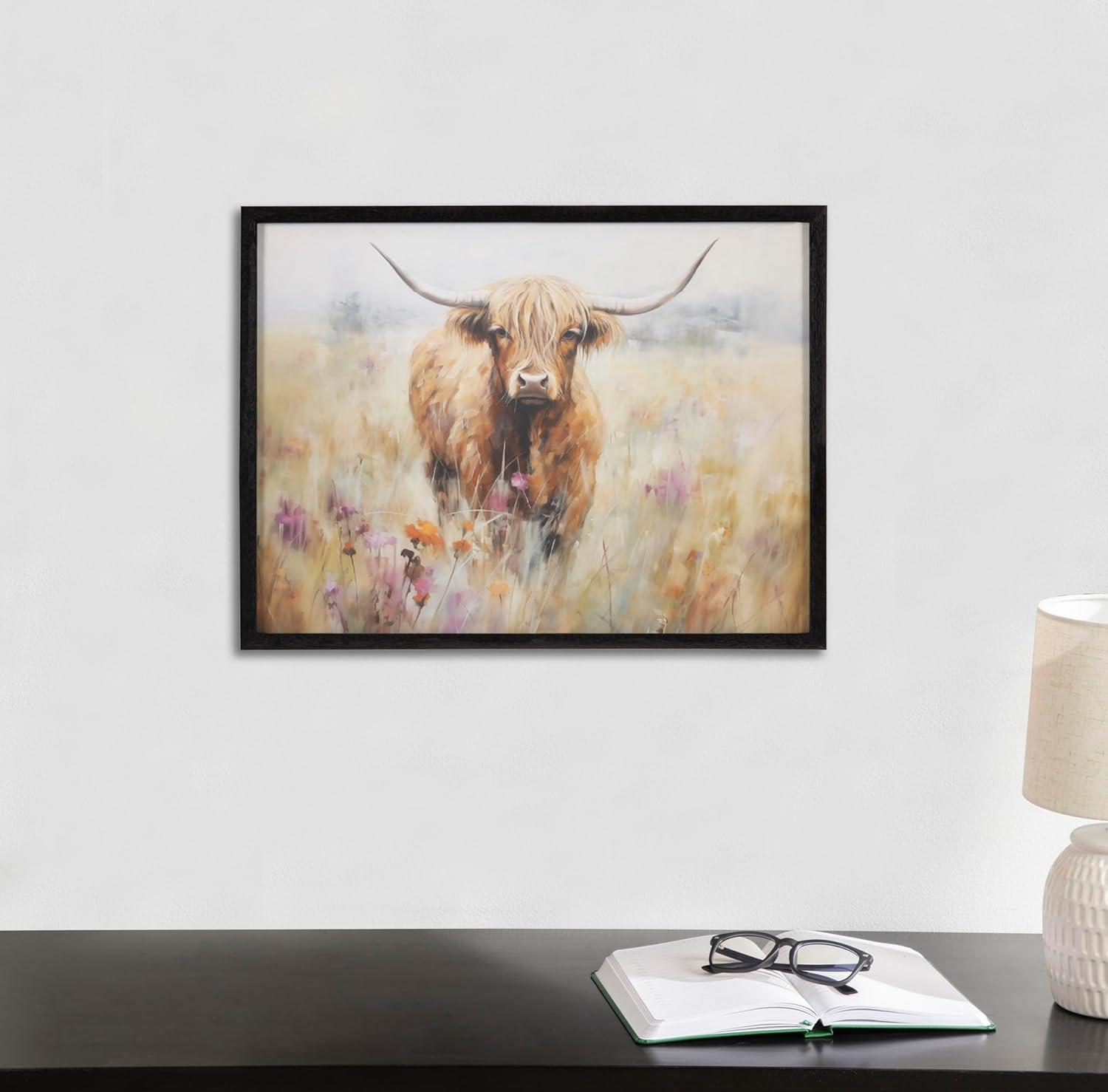 Kate & Laurel All Things Decor 16"x12" Gallery Highland Cow in a Flower Field Landscape Print by The Creative Bunch Studio Black