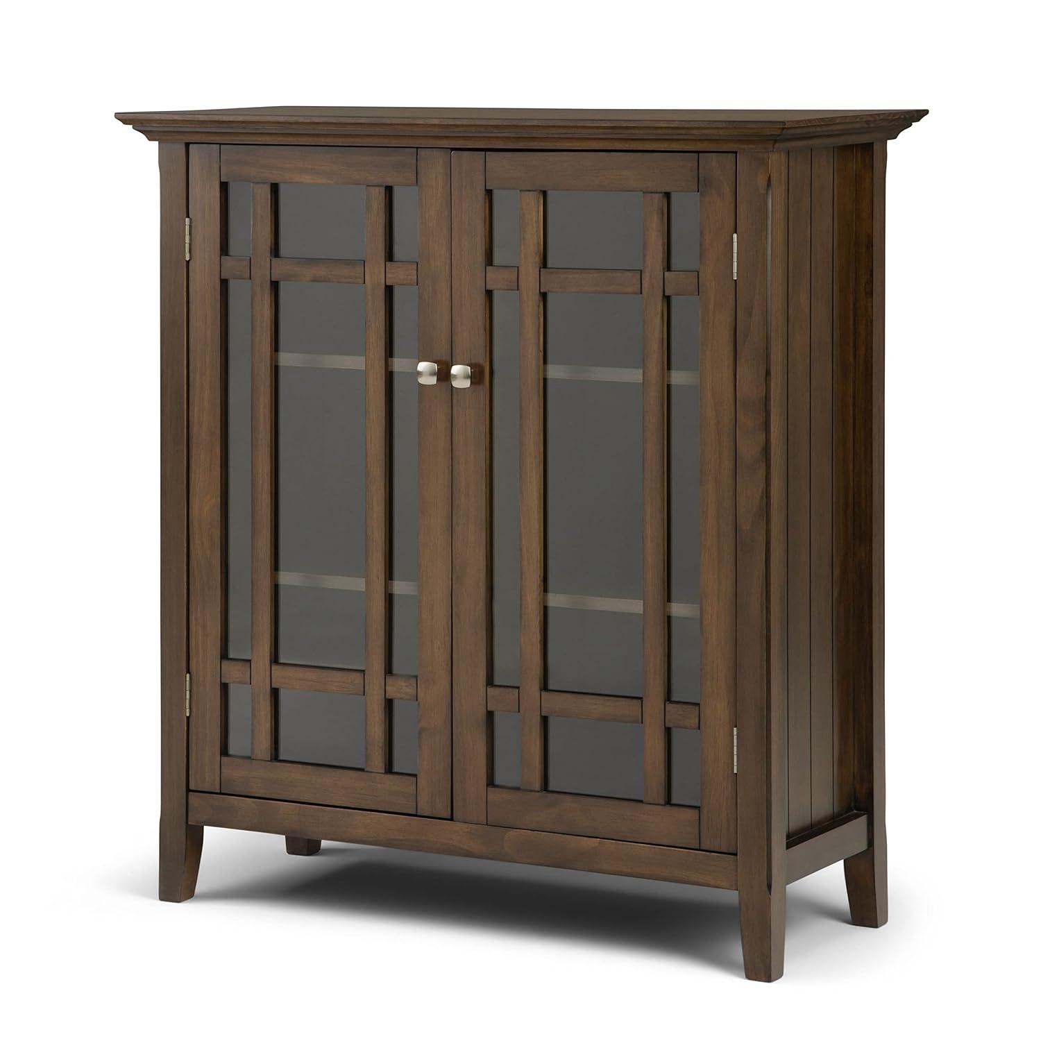Simpli Home Bedford 39"W Solid Wood 4-Shelf Medium Storage Cabinet with Glass Doors and Adjustable Shelves