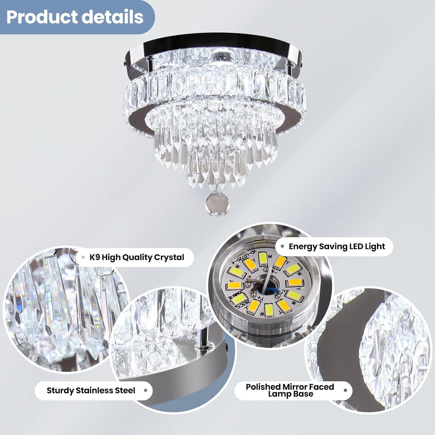 House of Hampton® House of Hampton® 11.8" Crystal Chandeliers Modern Crystal Ceiling Light LED Chandeliers Semi Flush Mount Chandelier Light for Bedrooms Dining Living Room Hallway (6500K Cool White Light)