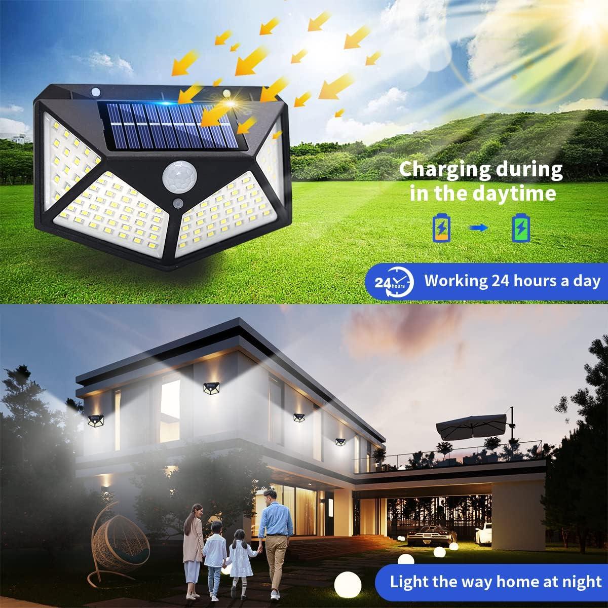 Outdoor Solar Light 2 Pack 100 LED 3 Motion Sensor Working Modes 270° Lighting Angle Upgraded Solar Powered Wall Light Security Lights