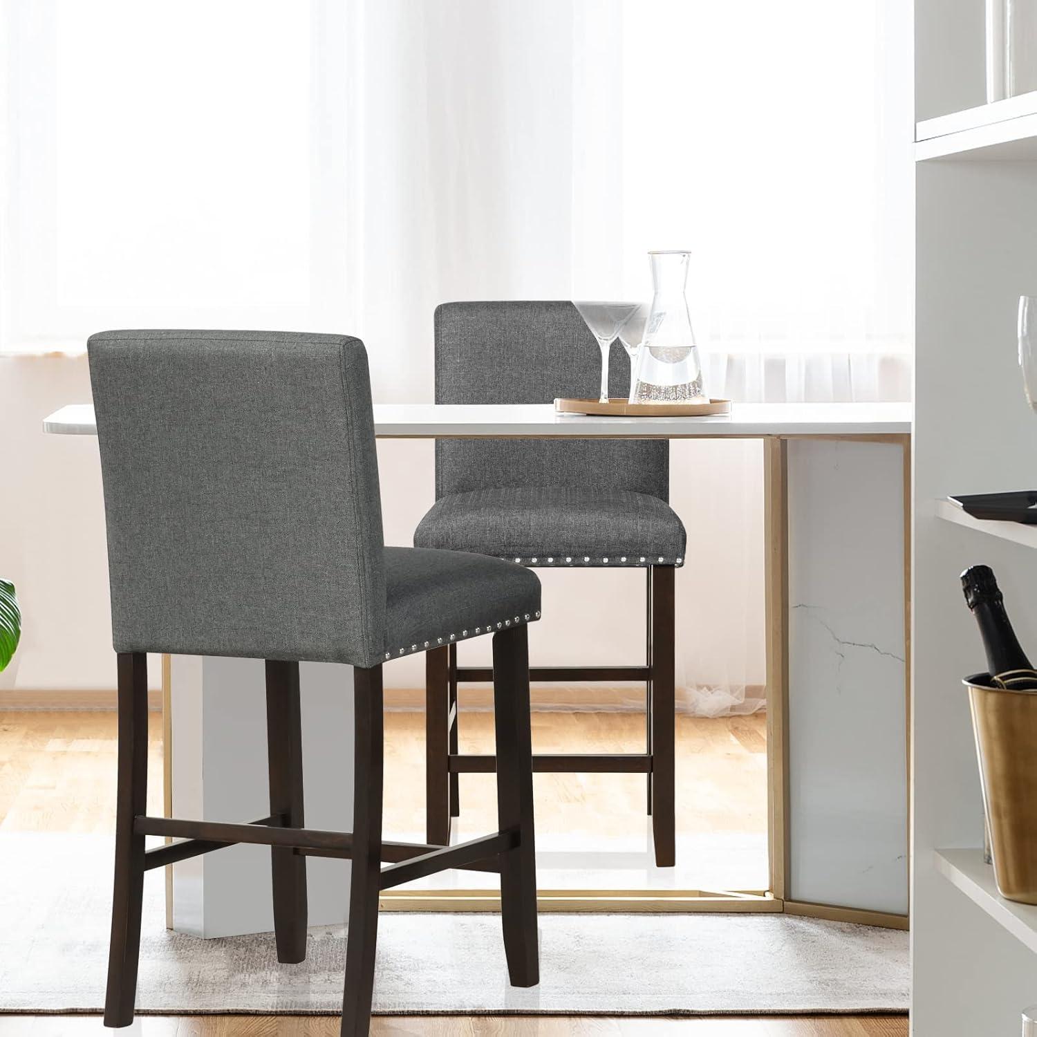 Set of 2 Gray Leather and Wood Bar Stools with Rivet Details