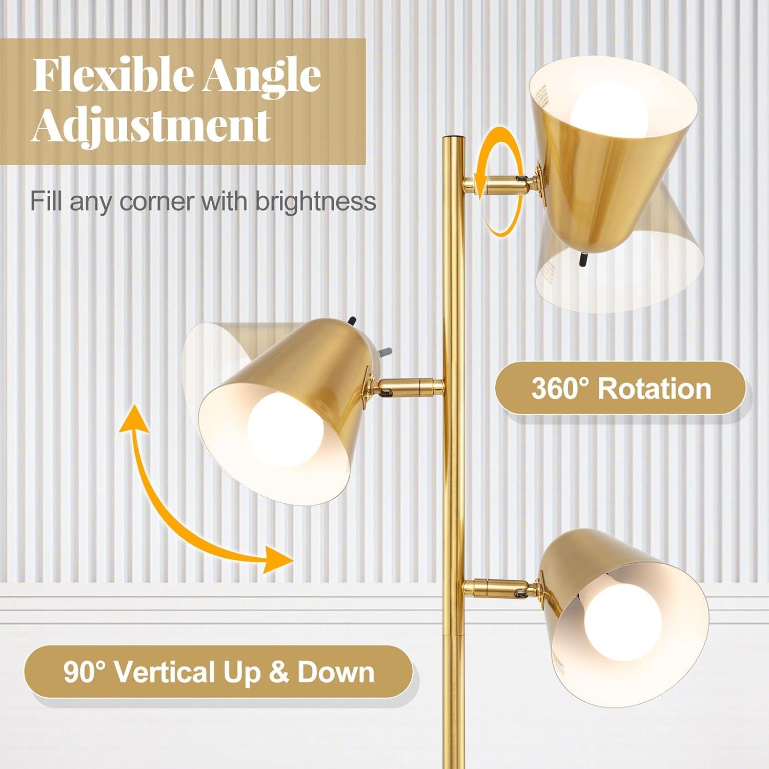 Tangkula 64" Mid Century Modern Floor Lamp 3 Light Tree, Standing Tall Pole Lamp w/ 3 LED Bulbs & Adjustable Heads (Antique Brass)