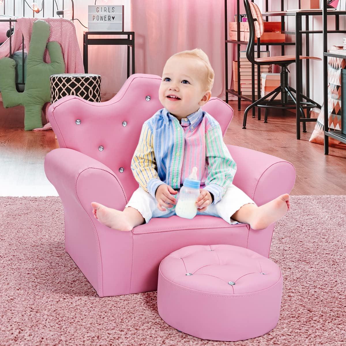 Pink Princess Leather Armchair with Ottoman and Diamond Accents