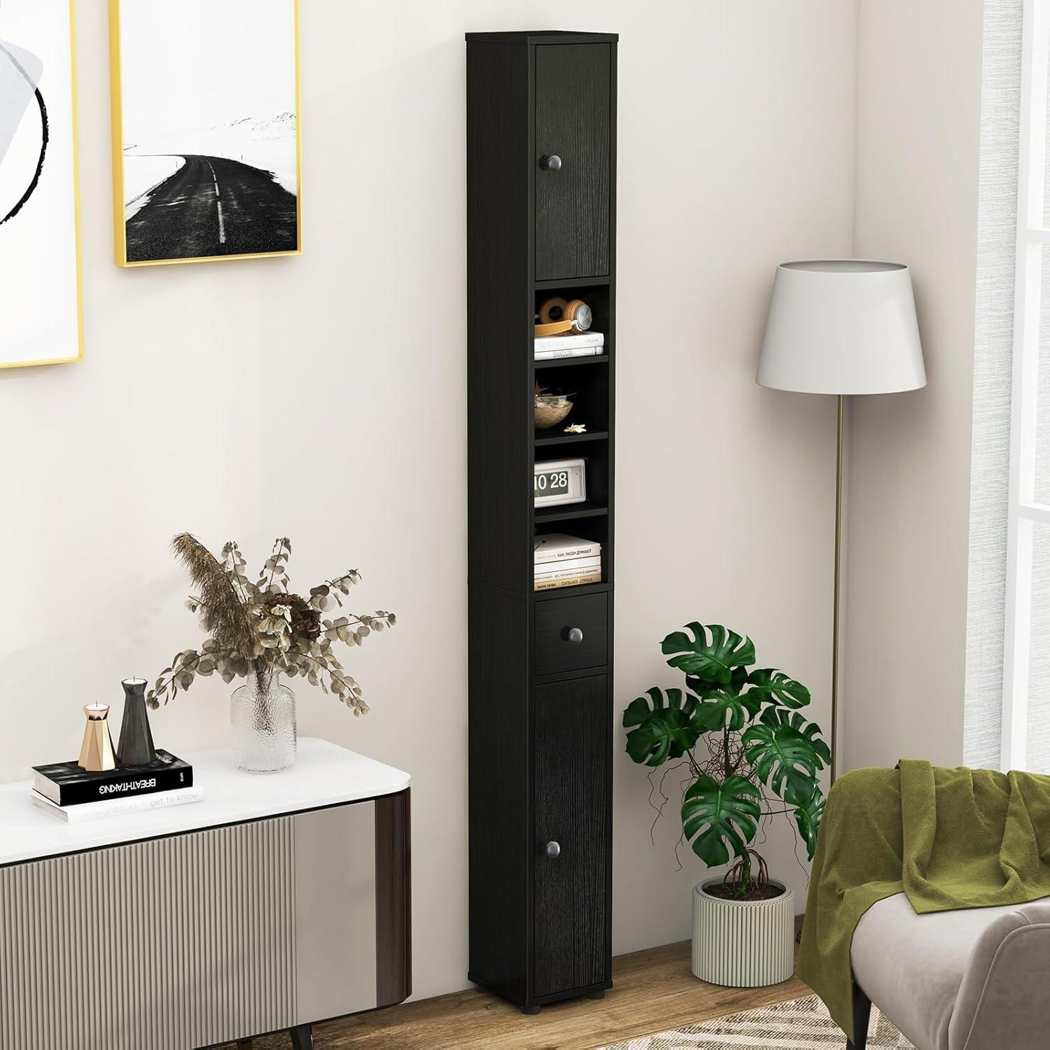 Tangkula Tall Slim Bathroom Storage Cabinet 71" Freestanding w/ 2 Doors 1 Drawer & 5 Adjustable Shelves Narrow Tower Cabinet for Small Spaces Black