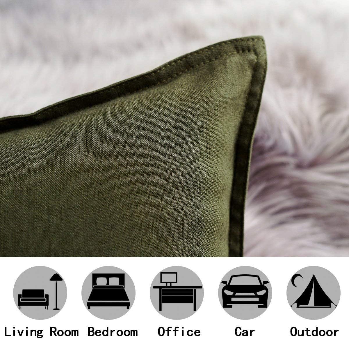 Jeanerlor Cotton Linen Square Decorative Throw Pillow Case Cushion Cover with Twin Needles Stitch on Edge, 12"x20"(30 x 50cm), 2 Pcs, Olive Green