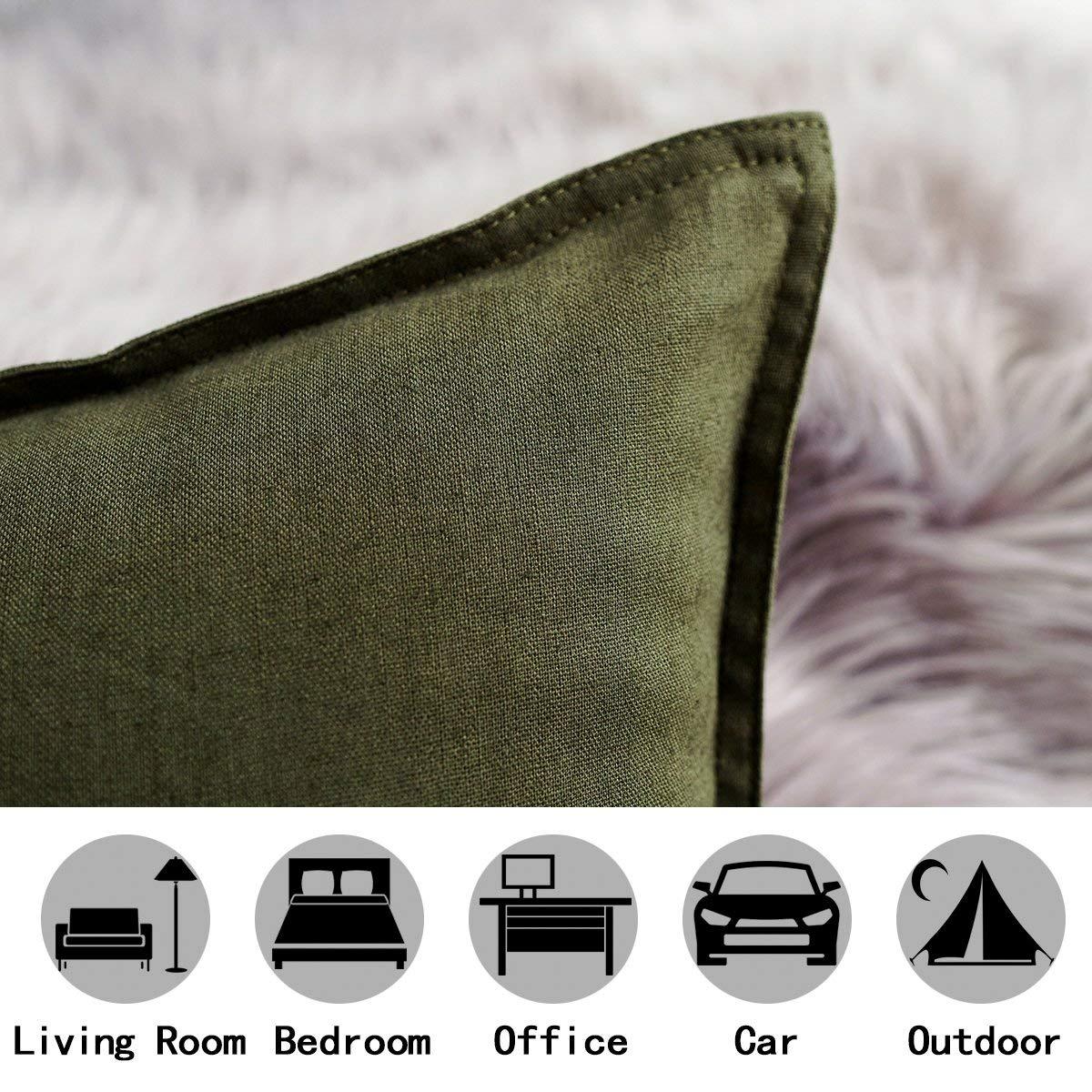 Jeanerlor Cotton Linen Square Decorative Throw Pillow Case Cushion Cover with Twin Needles Stitch on Edge, 12"x20"(30 x 50cm), 2 Pcs, Olive Green