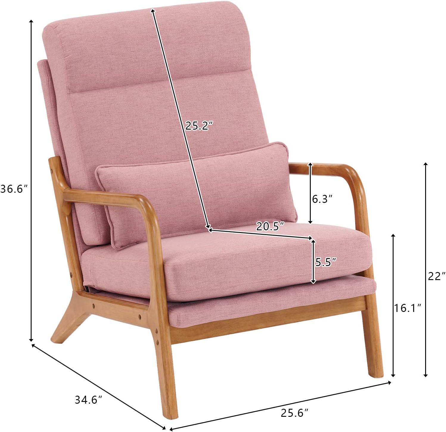 Ktaxon Mid Century Modern Accent Chair, Linen Fabric Armchair, Hight Back Single Sofa with Solid Wood Frame Pink