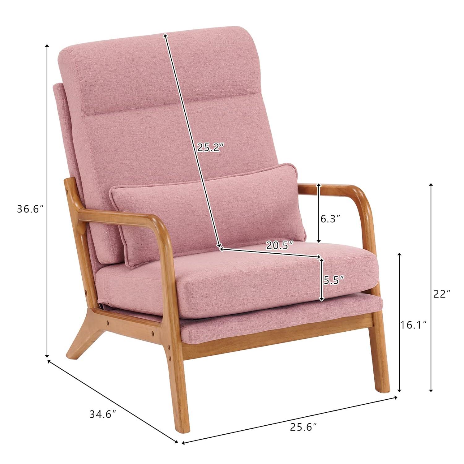 Accent Chair Mid-Century Modern Chair with High Back, Upholstered Lounge Arm Chair with Wood Frame and Soft Cushion for Living Room Bedroom Reading Balcony, Pink