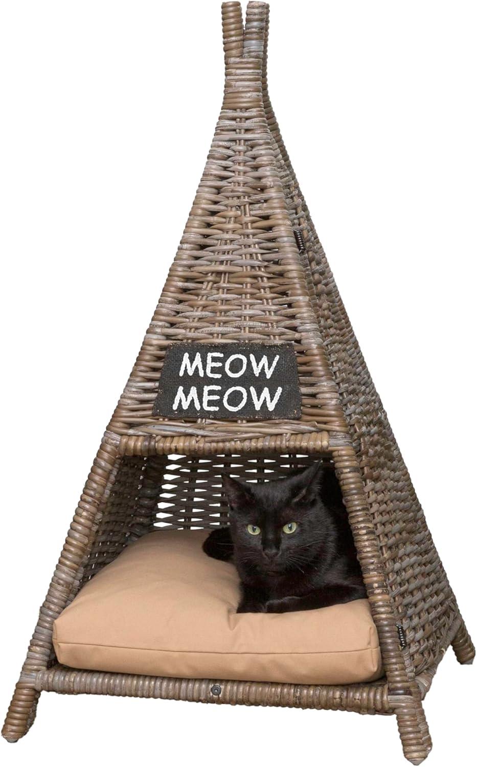 Tiki Tent 20" x 20" Coastal Handwoven Rattan Cat Bed with Machine-Washable Cushion, Kubu Gray