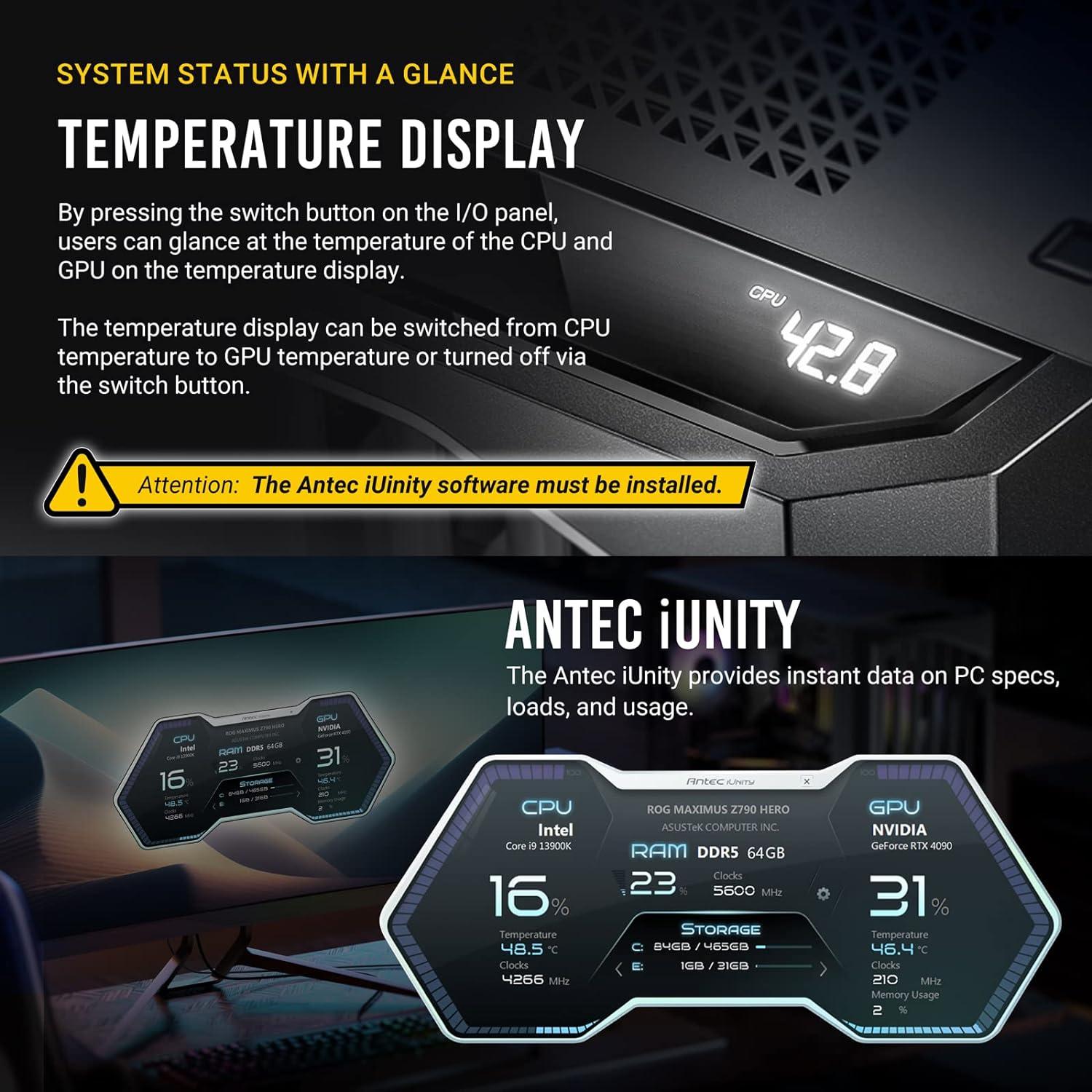 Antec Performance 1 FT, RTX 40 Series GPU Support, Temp. Display, 4 x Storm T3 PWM Fans, Type-C Ready, Dual Tempered Glass Side Panels, Removable Top Fan/Radiator Bracket, Mesh Front Panel, Full-Tower