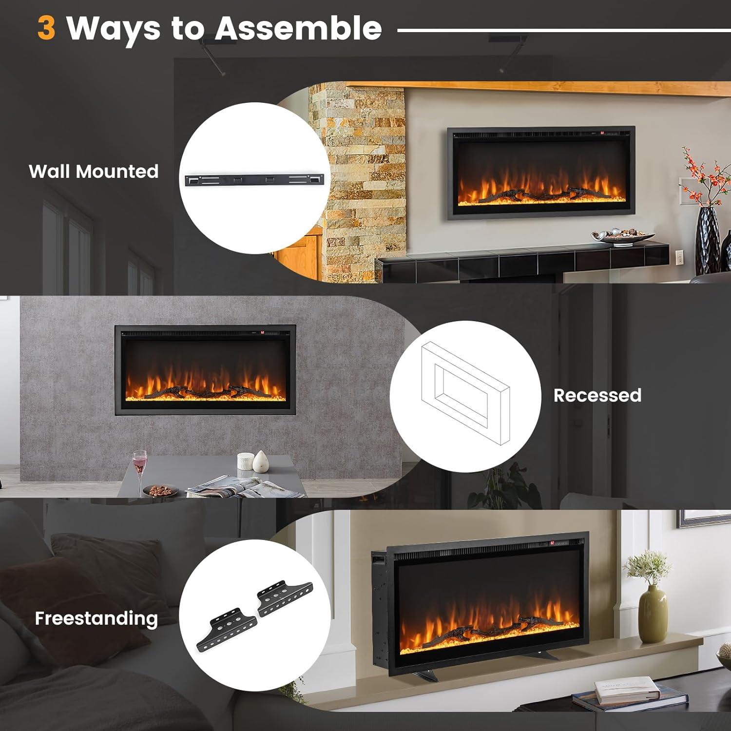 Costway 50'' Electric Fireplace Recessed Wall Mounted Freestanding with Remote Control