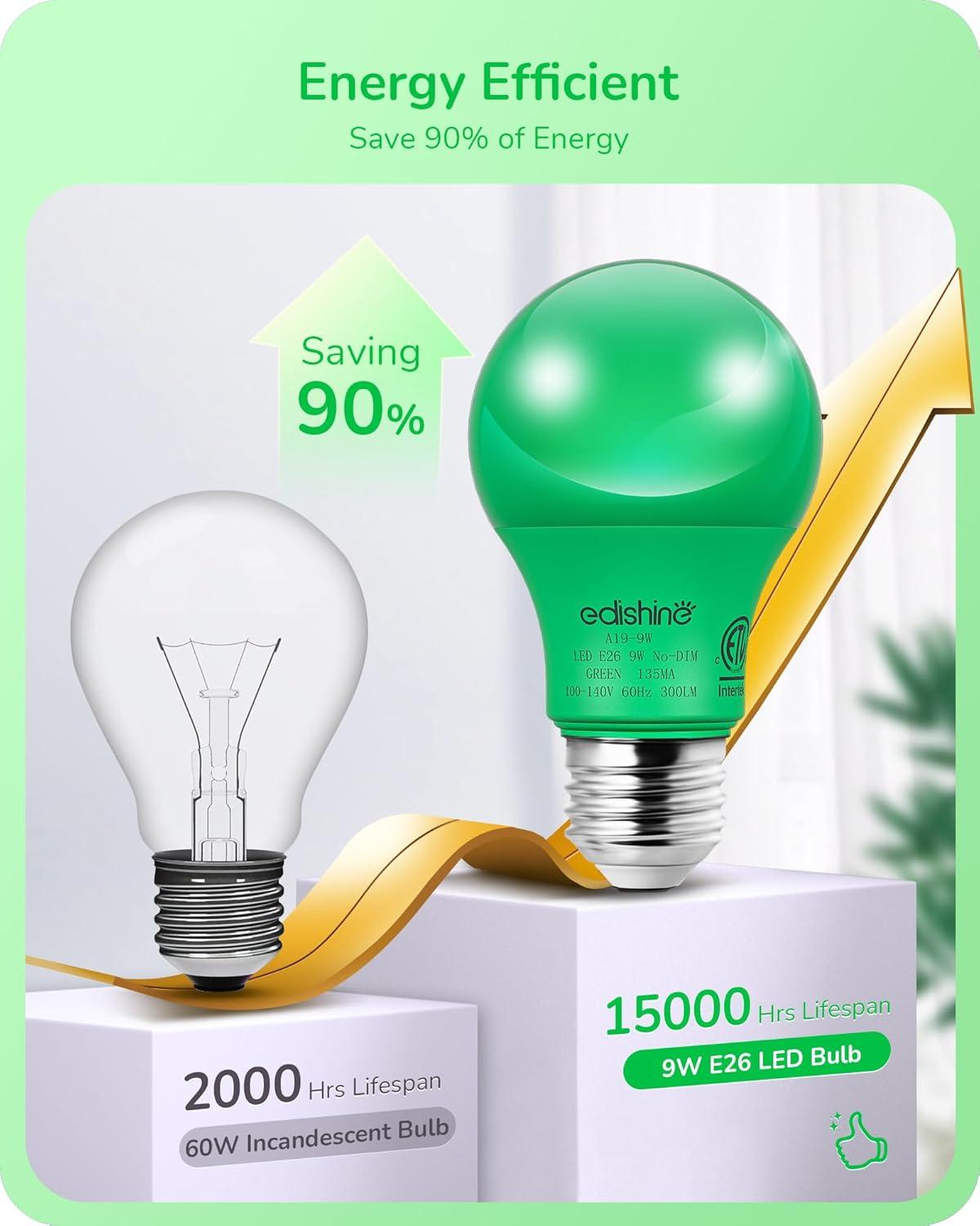 EDISHINE Green LED Light Bulbs for Holiday Party Decoration, A19 9W LED Bulbs 60W Equivalent E26 Base 4 Pack, ETL Listed