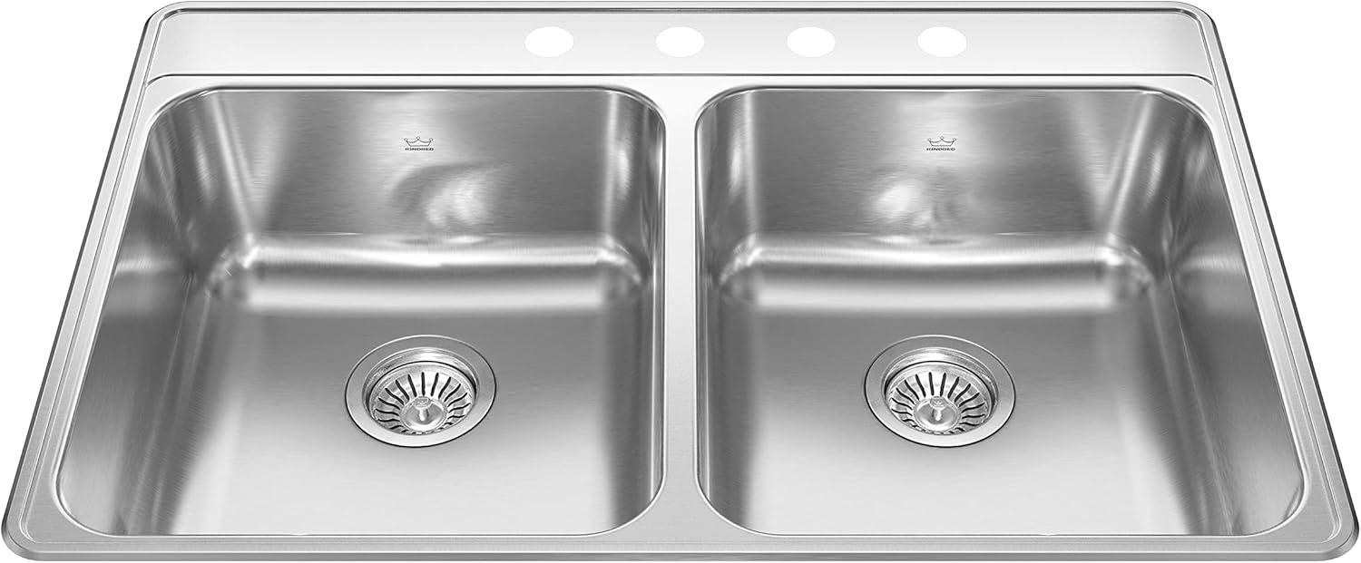 Kindred Creemore 33-in LR x 22-in FB x 8-in DP Drop In Double Bowl 4-Hole Stainless Steel Kitchen Sink, CDLA3322-8-4CBN