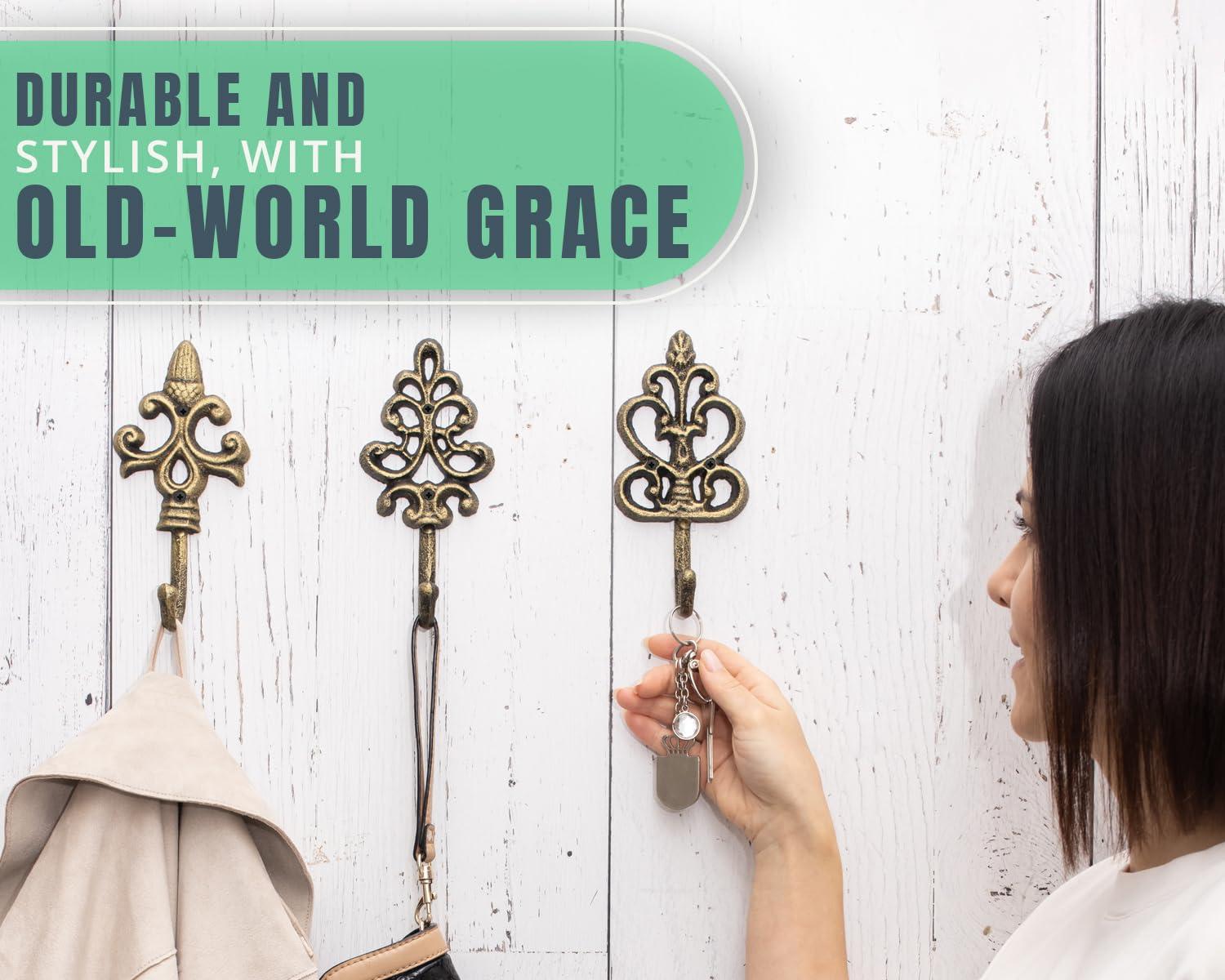 Set of 3 Gold and Black Cast Iron Decorative Wall Hooks