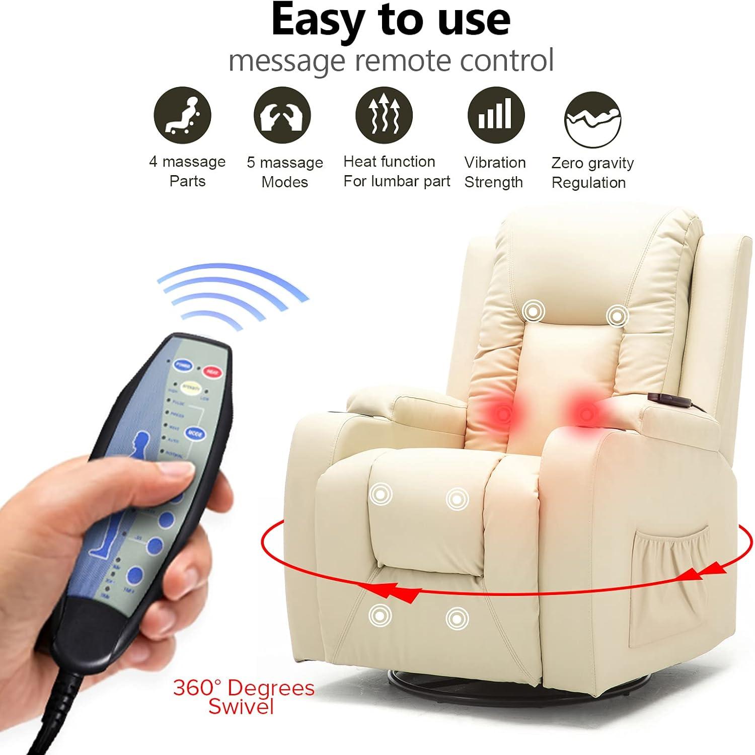 COMHOMA Recliner Chair, PU Rocking Chair for Adults, Swivel Recliner with Cup Holders, Heat and Massage, Single Sofa Seat with Side Pockets for Living Room, Bedroom (White)