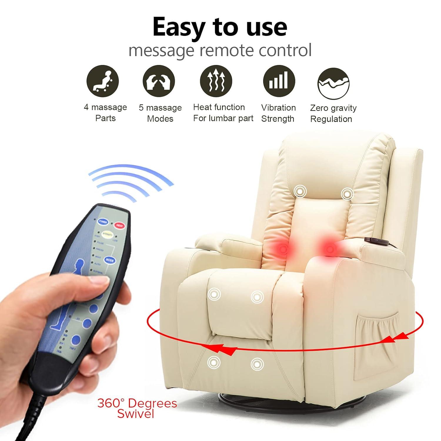 COMHOMA Recliner Chair, PU Rocking Chair for Adults, Swivel Recliner with Cup Holders, Heat and Massage, Single Sofa Seat with Side Pockets for Living Room, Bedroom (White)