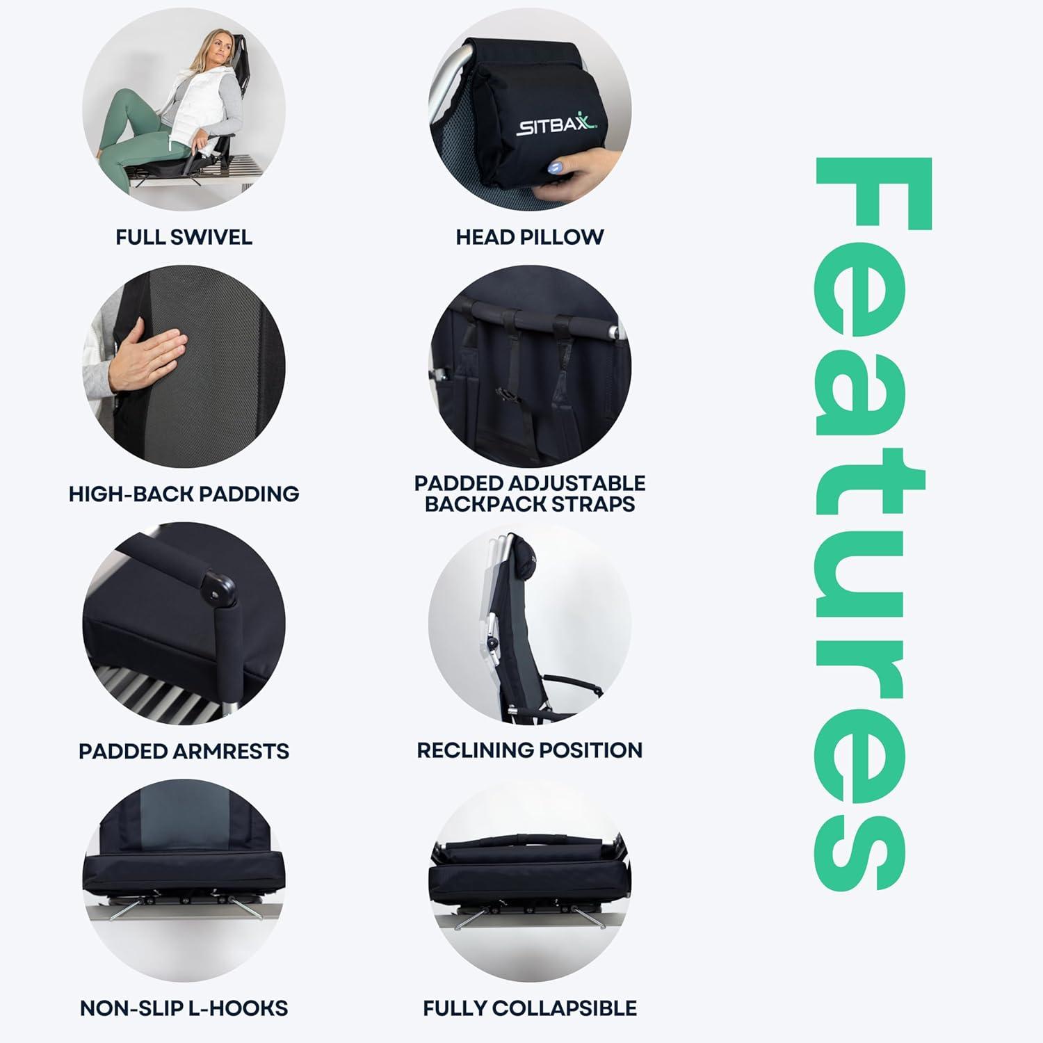 Sitbax SitBax Black Padded Bleacher Seat – The Ultimate Reclining Stadium Chair with Full Back & Neck Support and 360° Swivel – Lightweight, Foldable, and Portable with Backpack Straps - Patent Pending