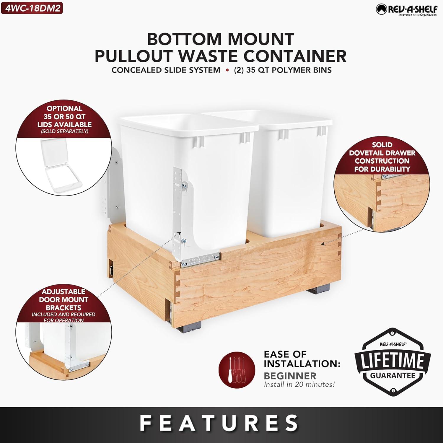 Rev-A-Shelf 35-Qt Pull Out Bottom Mount Trash Container with Front Side Mounting and Full Extension Ball Bearing Sides