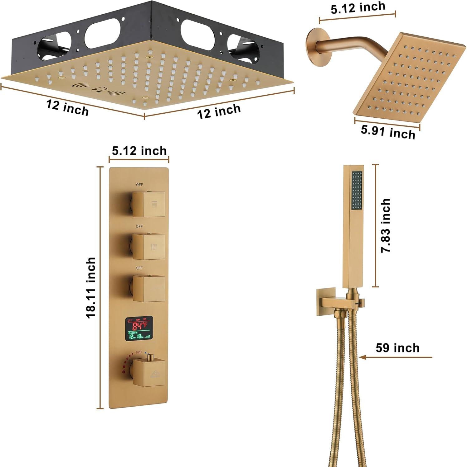 Rodeo 27.5-Inch LED&Music Rainfall Thermostatic Shower System with Slide Bar and 2-in-1 Handheld