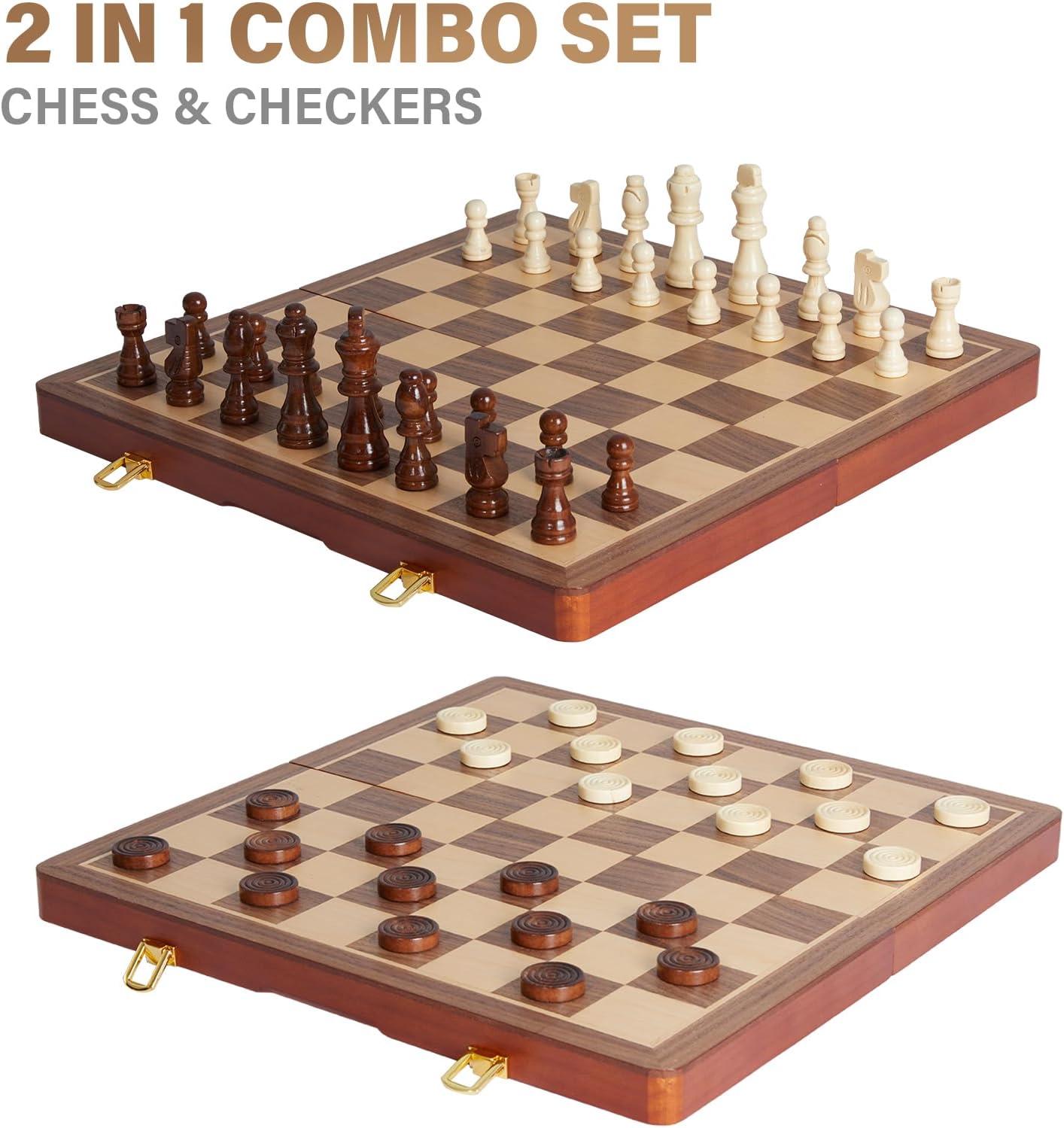 KiddiTouch 15 inch Magnetic Wooden Chess Set 2 in 1 Folding Chess Board Travel Chess Games for Adults and Kids
