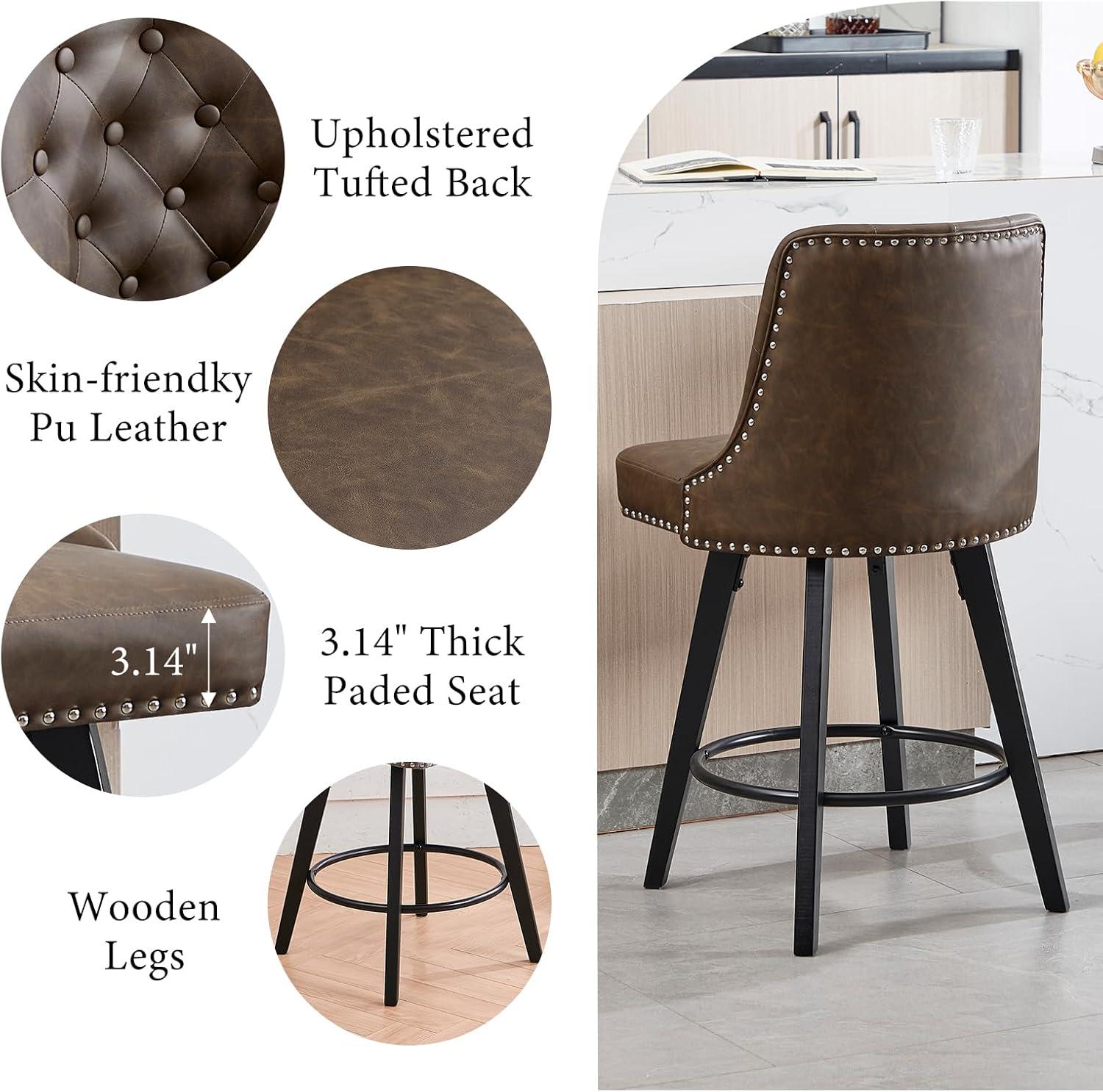Counter Bar Stools Set of 2, Modern Swivel Bar Stools with Back and Wood Legs, 26" H Upholstered Bar Chair for Kitchen Island Home Bar, Leather Brown